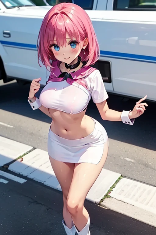 one woman, pink hair, gyaru, canine, aquamarine eyes, Double bun , navel, manicure, Ruffle bikini, piercer, shameful face, cleavage, cute, short skirt, very large breasts, embarrassed expression