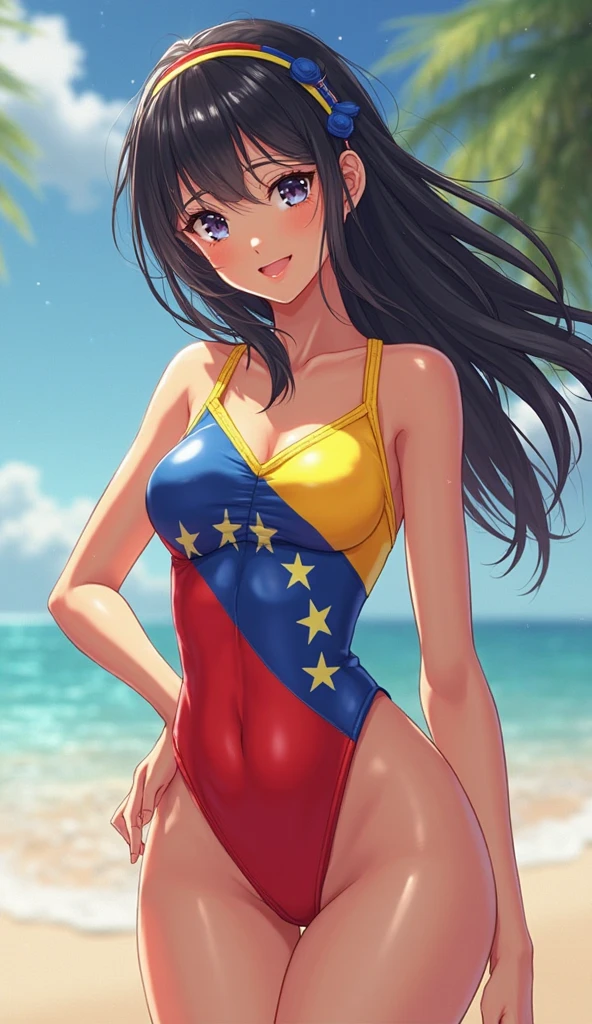 Anime girl with the flag of Ukraine in a swimsuit with an inscription on her chest SqwSofteyy