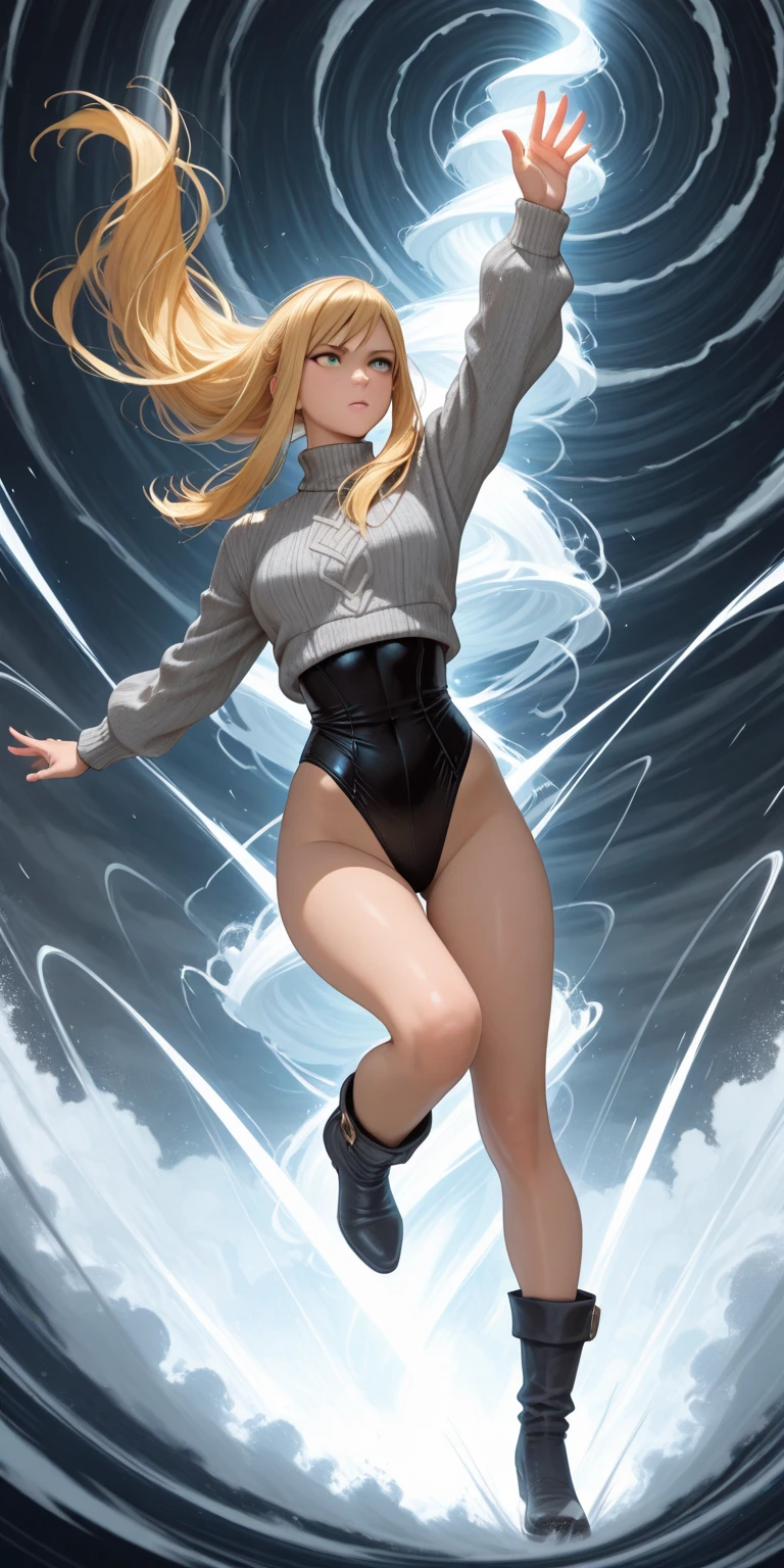 masterpiece, best quality, agrias, grey sweater, black leotard, twirl, spin, blonde hair, superhero, boots, tornado, whirlwind, solo, bare legs, whirl, wind effects, spinning into a tornado, fast spin, stand, time travel, travelling through time, highleg