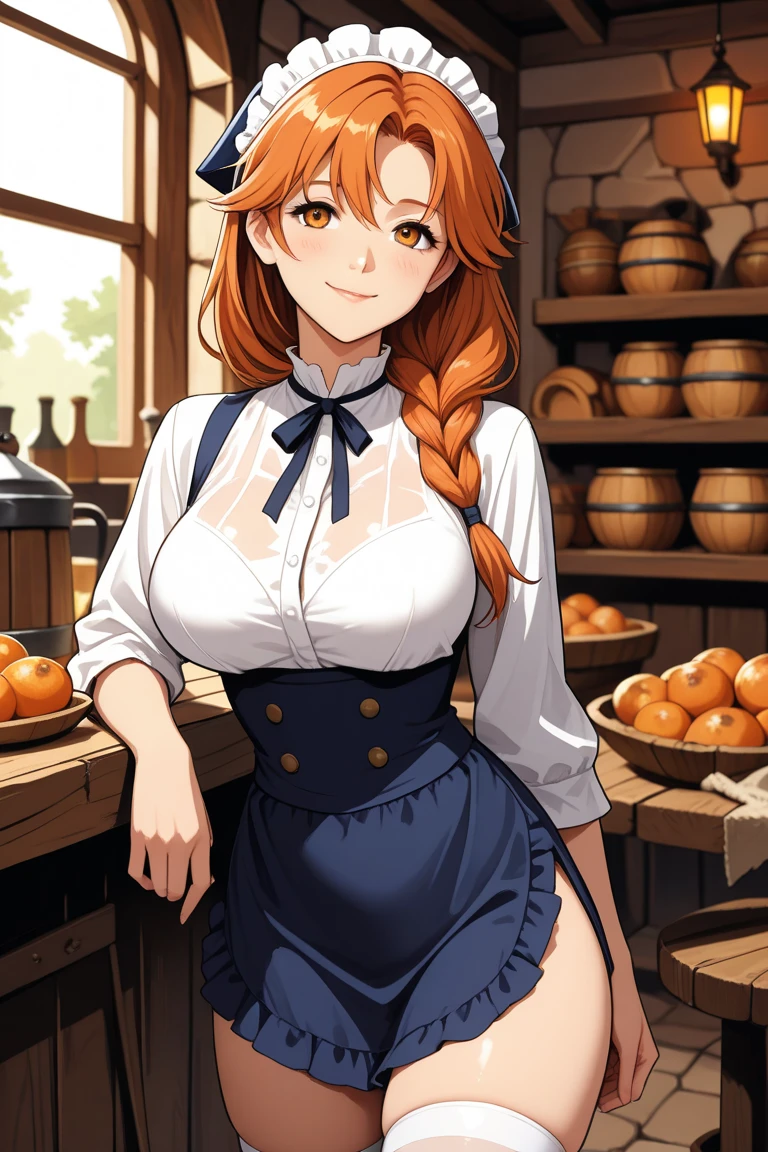 masterpiece, best quality, ultra detailed, <lora:AnjuTLOZ:0.9> anju, 1lady, solo, (mature adult woman:1.2), red hair, hand on waist, brown vest, blue mini skirt, standing, blushing smile, bare legs, cowboy shot, (covered panties:0.85), medium breasts, old inn counter, hard lighting,