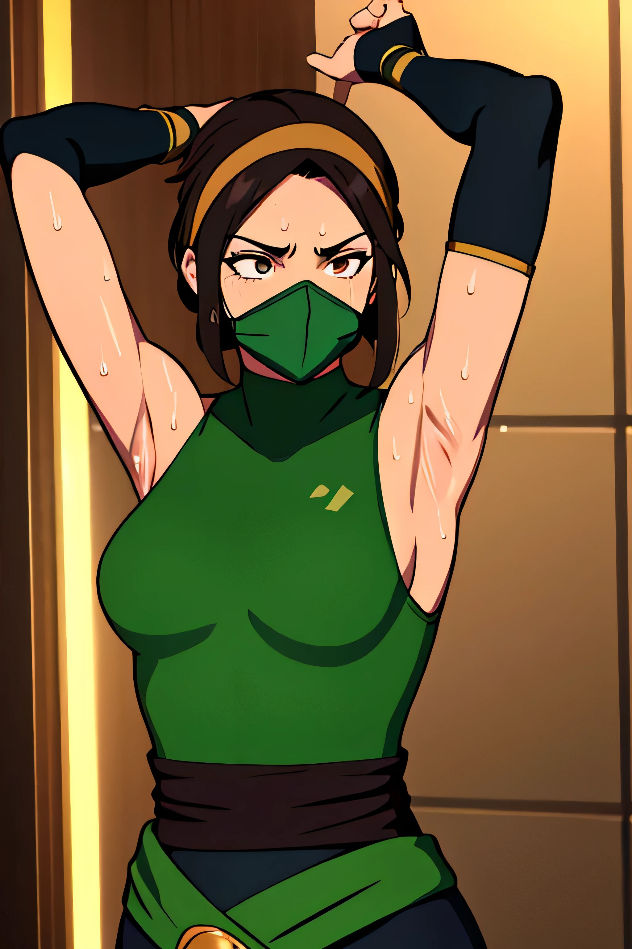 Earthbender human woman with tanned skin. She is a 1 ager with green eyes and green clothing. Her hair is long and brown in color; it is fastened in a large braid. Just one braid. She is beautiful and her skin is wheatish in color. Her skin is slightly dark. Earthbender. Tsundere face. Pink eye shading,mature appearance,armpits,sweat,sweaty,sweaty armpits,arms up,showing armpits,awesome armpits,outfit,blackish red arm warmers,maroon arm bands,matoon arm warmers