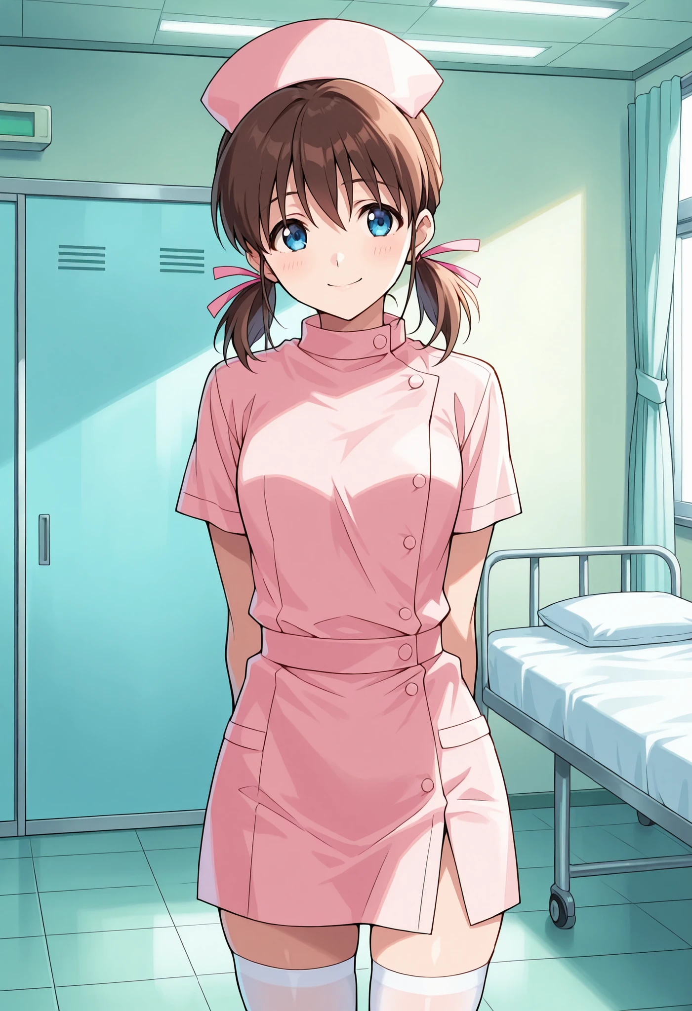 Score_9, score_8_up, score_7_up, source_anime, Kodama Hikaru, solo, brown hair, hair ribbon, ribbon, blue eyes, pink ribbon, low twintails, short twintails, (best quality), (high quality), {masterpiece}, extremely delicate and beautiful, ultra-detailed, beautiful detailed eyes, nurse, nurse cap, hat, short sleeves, pink headwear, buttons, pink dress, white thighhighs, hospital room, smile, closed mouth, standing