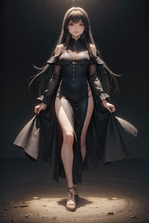 Girl, 20 years old, with long white hair down to below her waist, a serious yet tender expression, and red eyes. Her hair features black streaks. She wears antique-style clothing, a long black dress with a slit on the legs, and high black boots that almost reach her knees. Her power and background are related to shadows and darkness. 