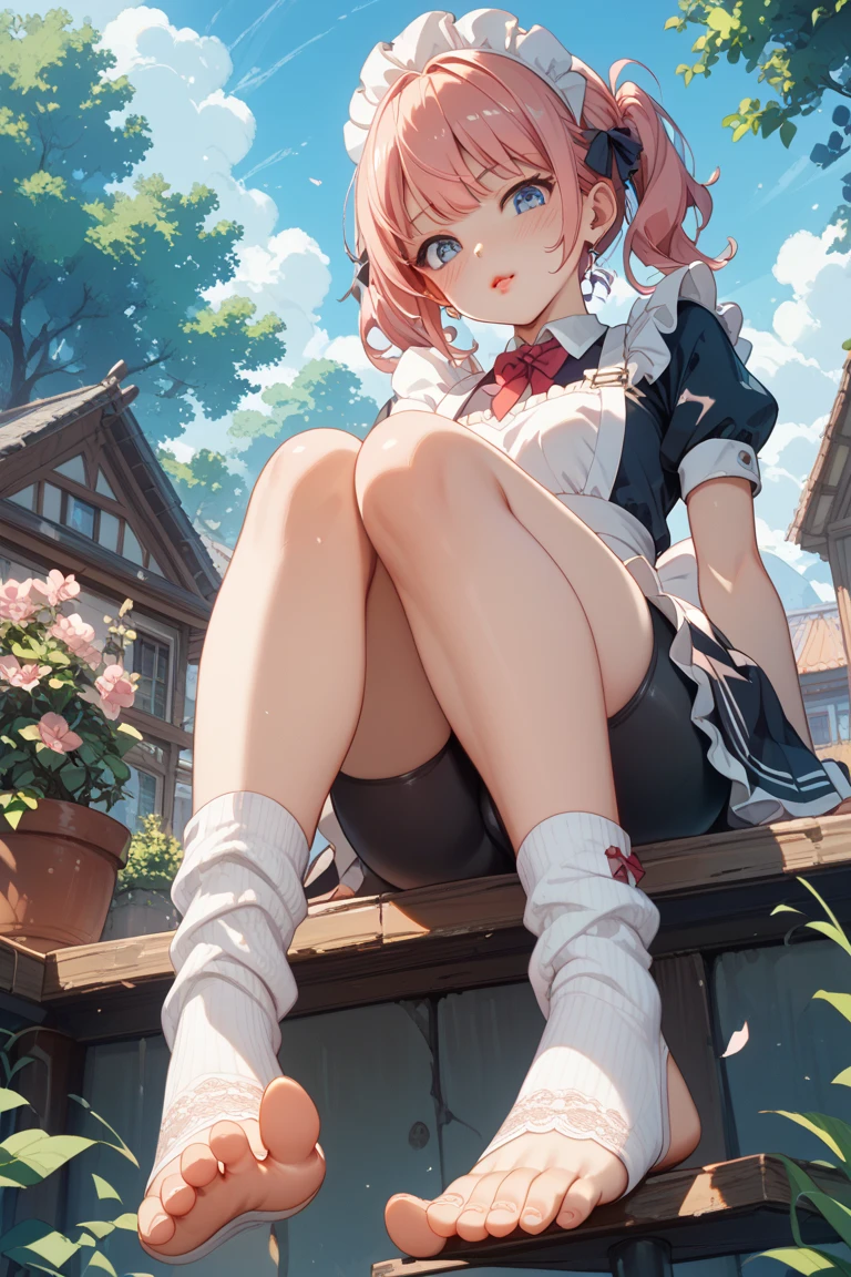 (masterpiece, 4k, best quality, highly detailed, 1girl, solo, small breasts, sakura trees, outdoors, close up, maid, maid apron, maid headdress, miniskirt, bare legs, bare shoulder, detached sleeves, sitting, full body), kamisato ayaka, blunt bangs, hair bow, hair ribbon, red ribbon, light blue hair, grey eyes, mole under eye, ponytail, <lora:kamisato ayaka:0.85>