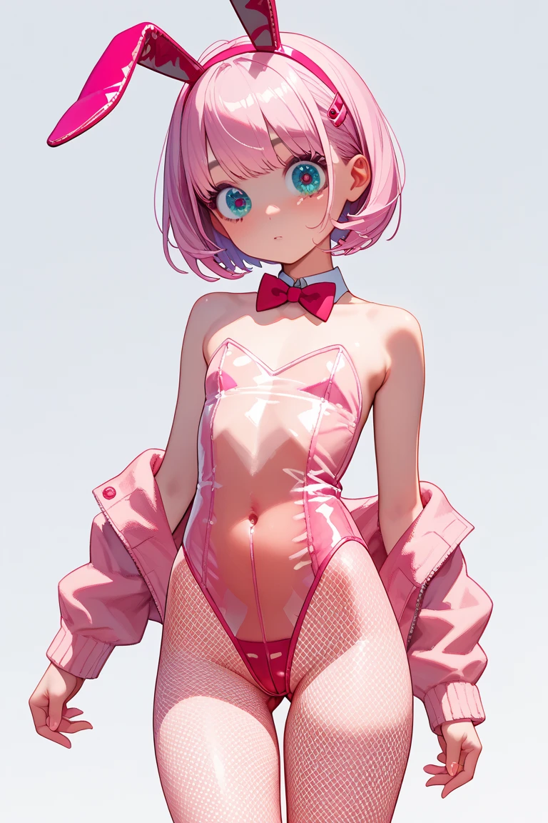 Woman in white fur jacket and pink bikini against wall, Full body image , Seitenlicht, Breast size:, Mittel, Shy face, Haru Okumura