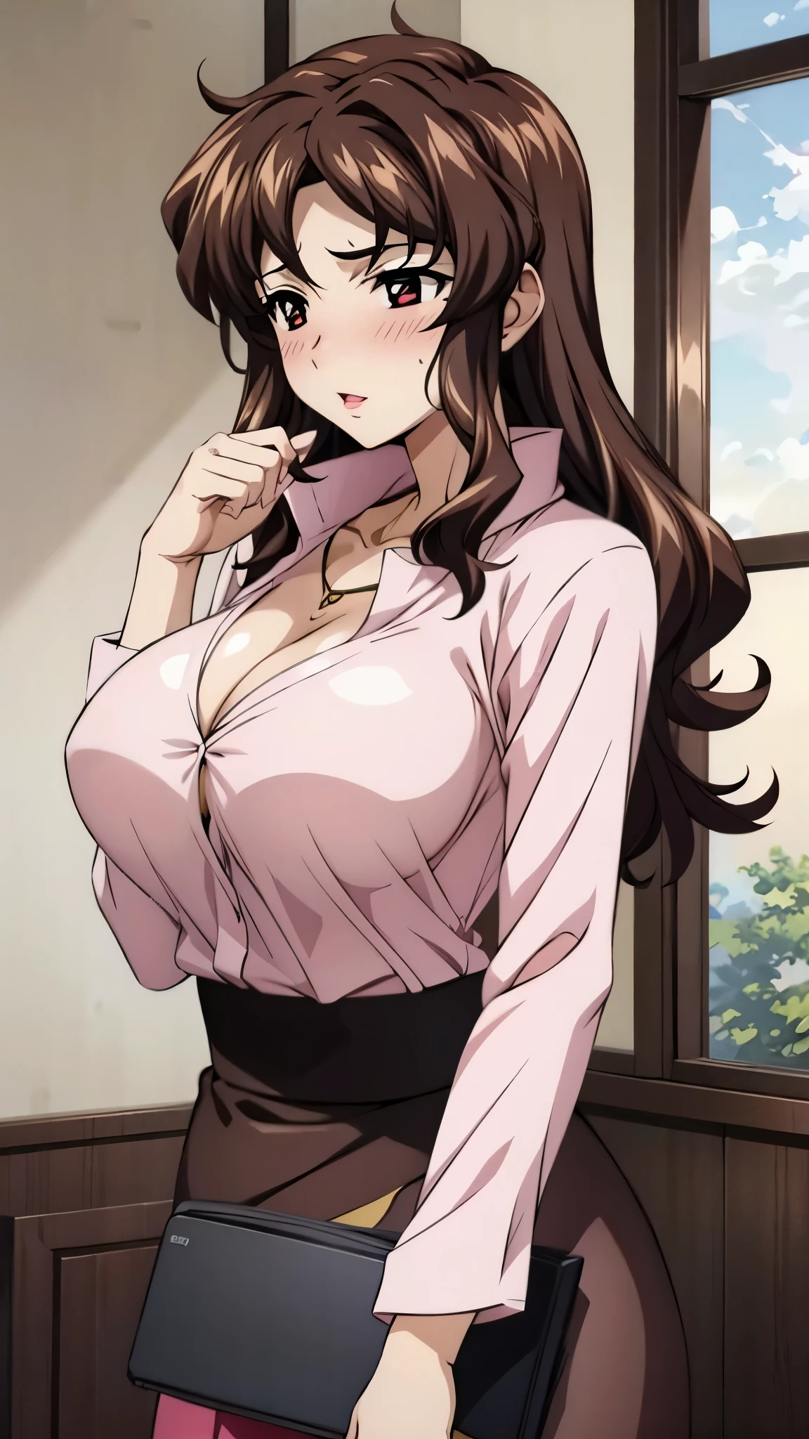 highest quality, High resolution, From above, (look away:1.2), Junior-chan, 1 girl, brown hair, brown eyes, long hair, mole under eye, huge breasts, black hair, bangs, skirt shirt, cleavage, clavicle, white shirt, pantyhose, indoors, high heels, pencil skirt, high waist skirt, office, focus only, cowboy shot, window, Chair, sitting, low ponytail