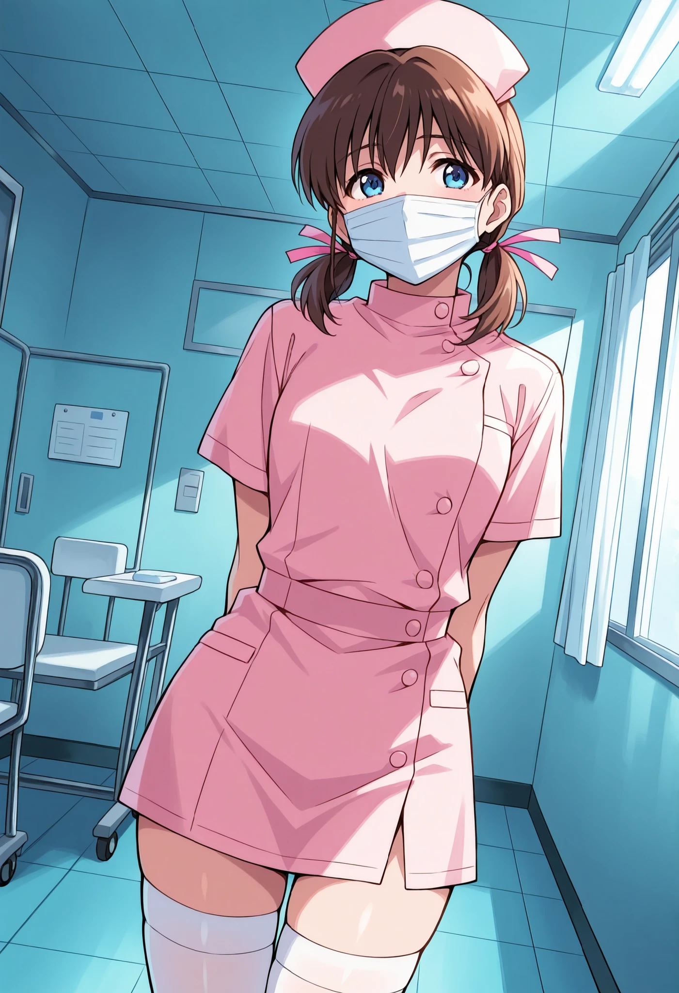 Score_9, score_8_up, score_7_up, source_anime, Kodama Hikaru, solo, brown hair, hair ribbon, ribbon, blue eyes, pink ribbon, low twintails, short twintails, (best quality), (high quality), {masterpiece}, extremely delicate and beautiful, ultra-detailed, beautiful detailed eyes, nurse, nurse cap, hat, short sleeves, pink headwear, buttons, pink dress, white thighhighs, hospital room, ((white mask, mouth mask, covered nose)), standing