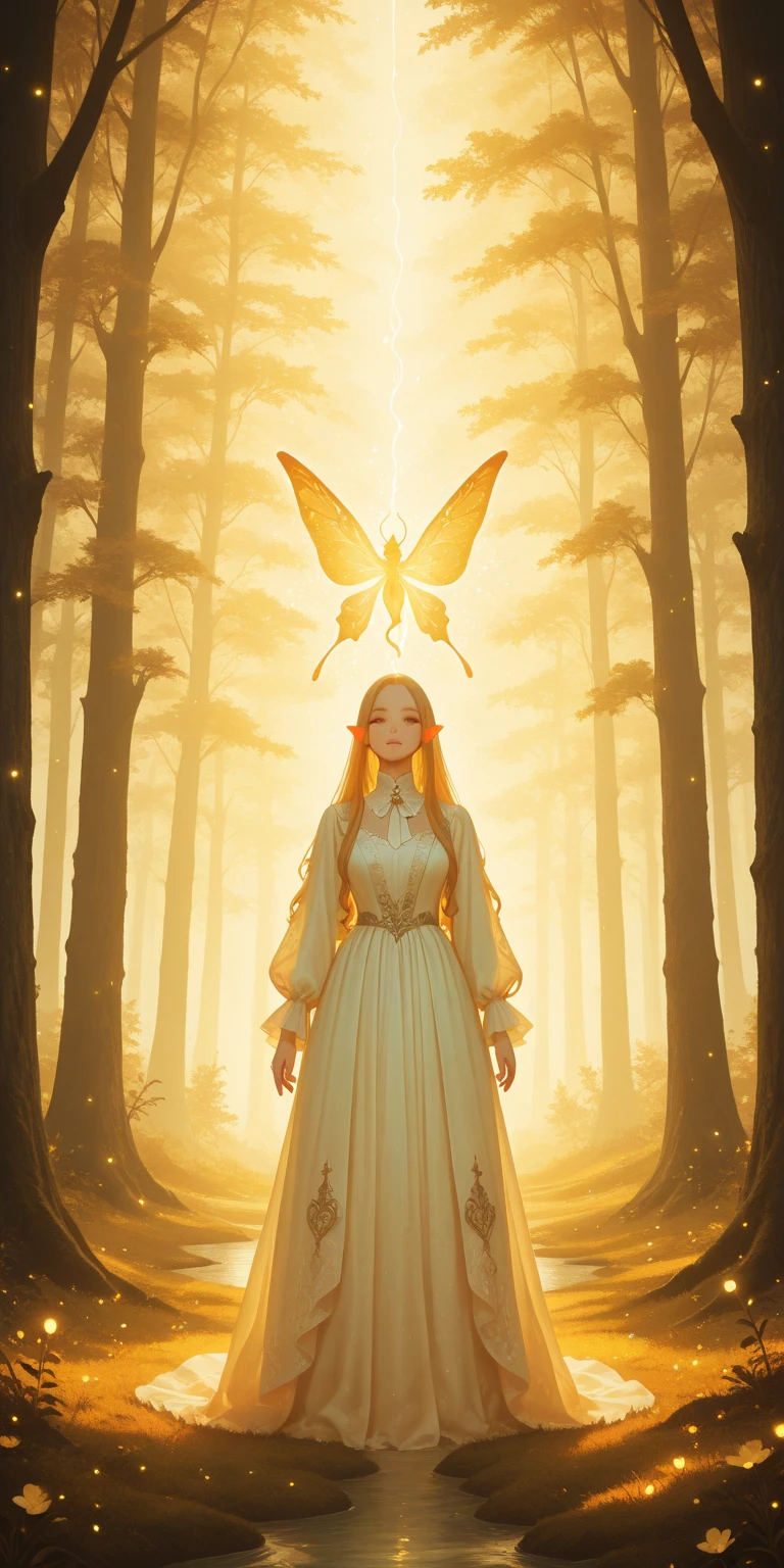 masterpiece, best quality, amazing quality, hyper-detailed, newest, very aesthetic,  fairy tale, folklore, 1 girl as the protagonist, elegant attire, magical atmosphere, soft glowing lights, fantasy forest, mythical creatures, soft and warm color palette, modern twist, surreal yet gentle, mystical aura, storytelling vibe, high detail, ethereal, dreamlike setting, whimsical design, vertical composition
