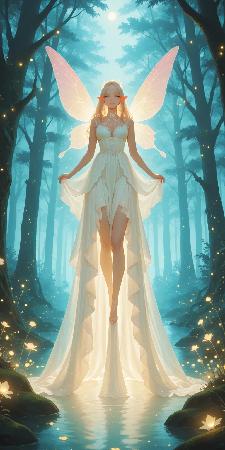 masterpiece, best quality, amazing quality, hyper-detailed, newest, very aesthetic,  fairy tale, folklore, 1 girl as the protagonist, elegant attire, magical atmosphere, soft glowing lights, fantasy forest, mythical creatures, soft and warm color palette, modern twist, surreal yet gentle, mystical aura, storytelling vibe, high detail, ethereal, dreamlike setting, whimsical design, vertical composition
