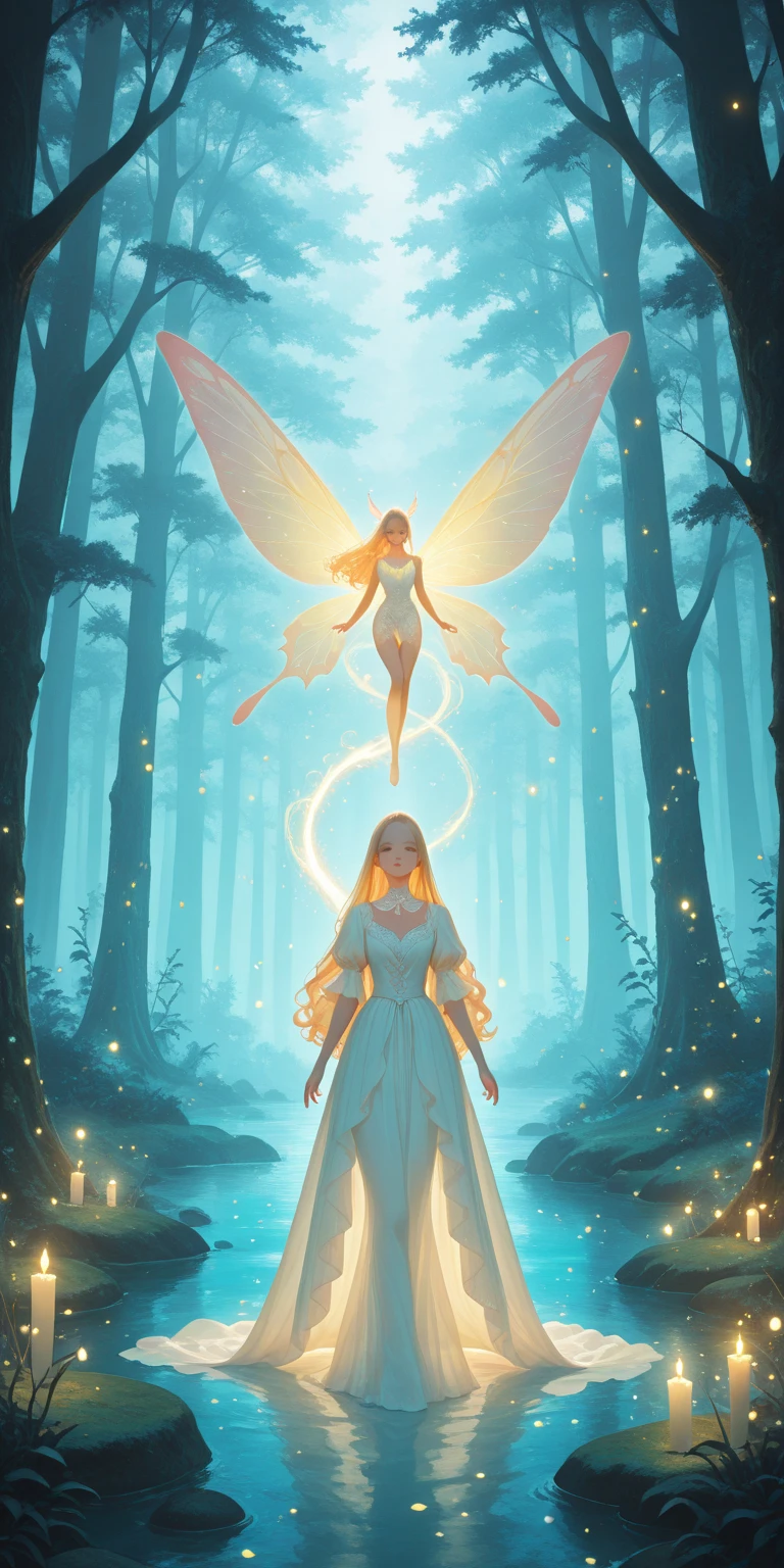 masterpiece, best quality, amazing quality, hyper-detailed, newest, very aesthetic,  fairy tale, folklore, 1 girl as the protagonist, elegant attire, magical atmosphere, soft glowing lights, fantasy forest, mythical creatures, soft and warm color palette, modern twist, surreal yet gentle, mystical aura, storytelling vibe, high detail, ethereal, dreamlike setting, whimsical design, vertical composition
