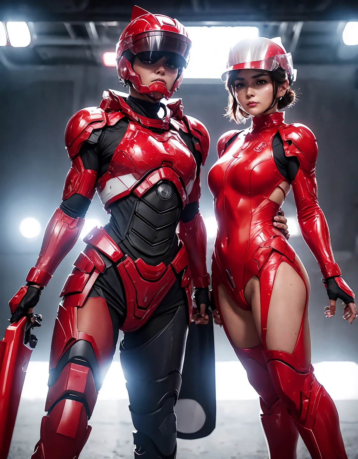 Two female teachers who were transformed into robots　Almost identical mechanical body　Mechanical limbs　The background is a classroom at night, makeup, red lips, UHD, retina, masterpiece, ccurate, anatomically correct, textured skin, super detail, high details, high quality, award winning, best quality, highres