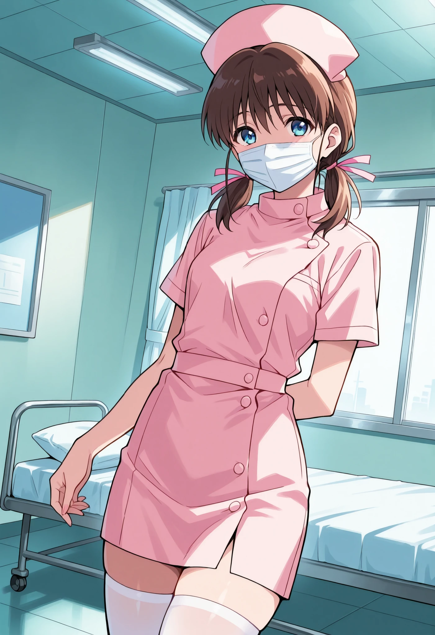 Score_9, score_8_up, score_7_up, source_anime, Kodama Hikaru, solo, brown hair, hair ribbon, ribbon, blue eyes, pink ribbon, low twintails, short twintails, (best quality), (high quality), {masterpiece}, extremely delicate and beautiful, ultra-detailed, beautiful detailed eyes, nurse, nurse cap, hat, short sleeves, pink headwear, buttons, pink dress, white thighhighs, hospital room, ((white mask, mouth mask, covered nose)), standing