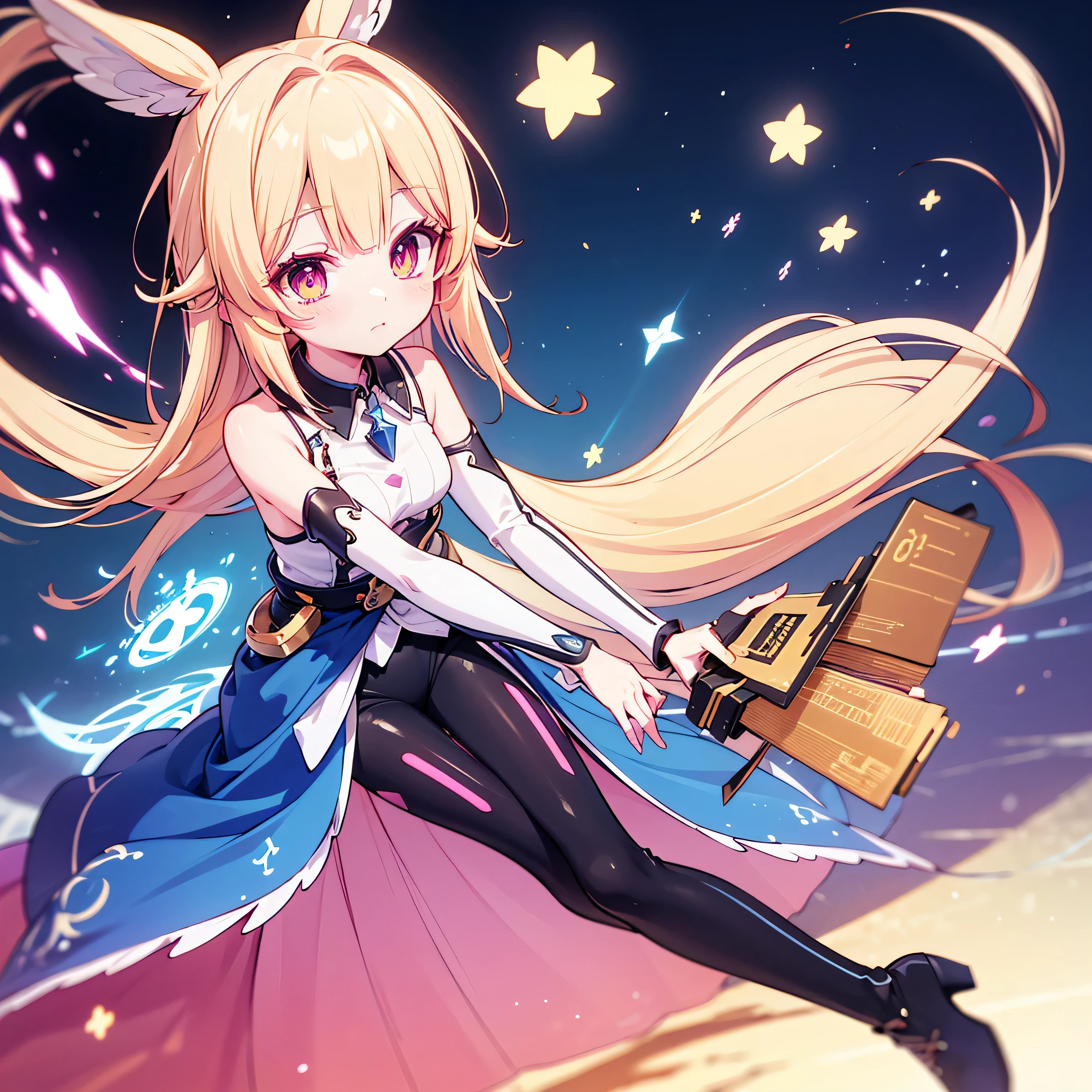 original female Flügel character from the No Game No Life universe, NOT Jibril, full-body, long flowing pastel gradient hair (from pale pink to blonde), golden glowing eyes with vertical slit pupils, calm and confident expression, wearing a high-tech magical outfit with glowing runes, thigh-high boots, floating arcane accessories, and Flügel-style detached sleeves, geometric light wings floating behind her, open spellbook in one hand, floating mid-air inside a radiant sky library, cinematic lighting, sharp clean anime style, fantasy sci-fi hybrid design, highly detailed, 8k