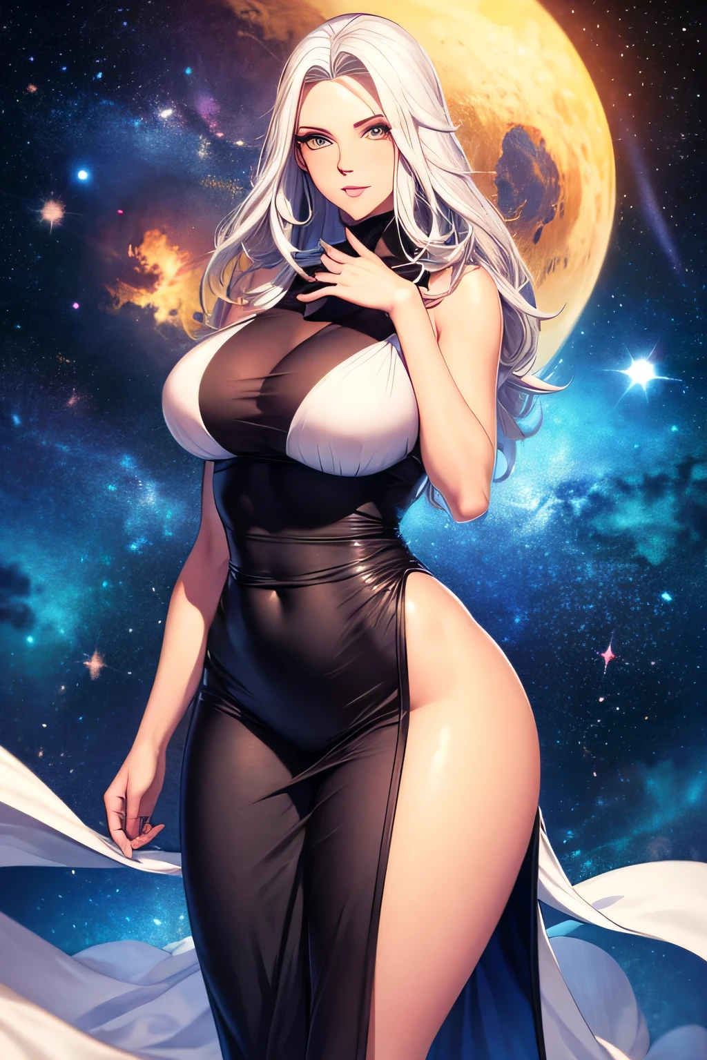 a beautiful tall sexy woman with long straight gray hair and wears a white button-down collar bra top and dark blue dome skirt and collar made of crystals and has a long heel made of silver and hand of power mercury peas place in the background Galaxy M101