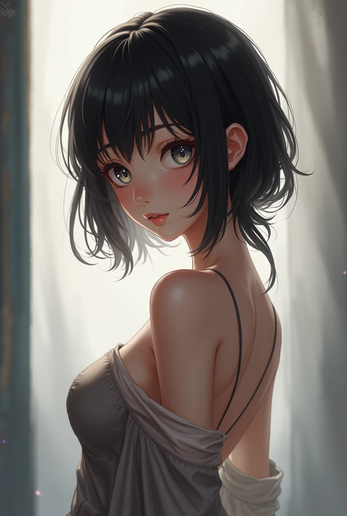 Anime woman with short black hair and brown eyes, she is sitting nude, full body