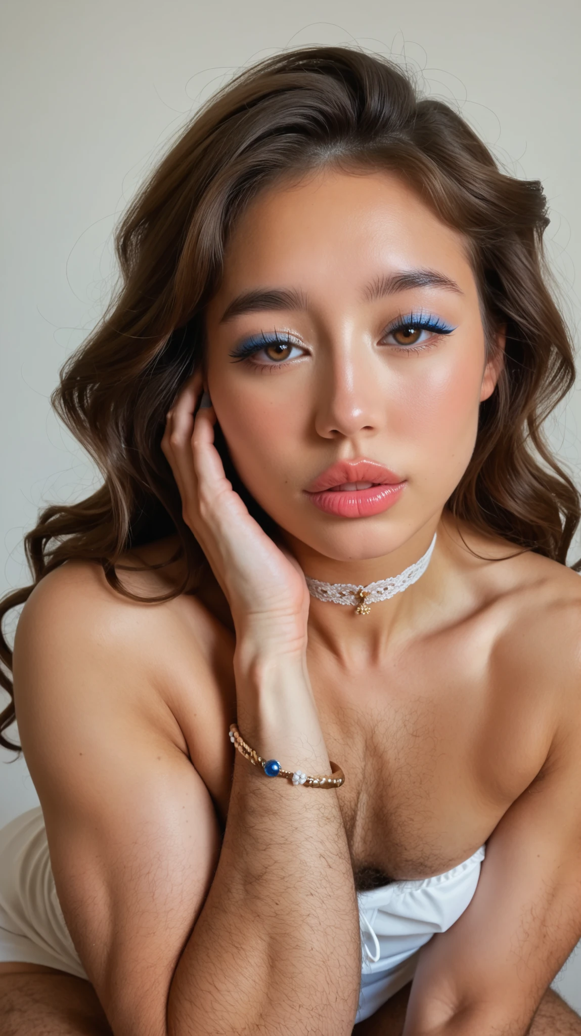 score_9, score_8_up, score_7_up,
(A photo of Japanese girl),(UHD),1girl,24yo,shiny skin, (face close up:1.4),(pale skin),(white dress),(very hairy body:1.3),(leg hair:1.3),(arm hair:1.3),muscular arms, muscular legs, armpit hair,(cute face),(parted lips),(cry),(futanari:1.3),brown eyes, makeup,(blue eyeshadow),big eyes,thick eyebrows,(thick lips),Glossy lips,pink lipstick, (flat chest),center parted,black wavy hair,pulled back hair,anklet,bracelet,choker