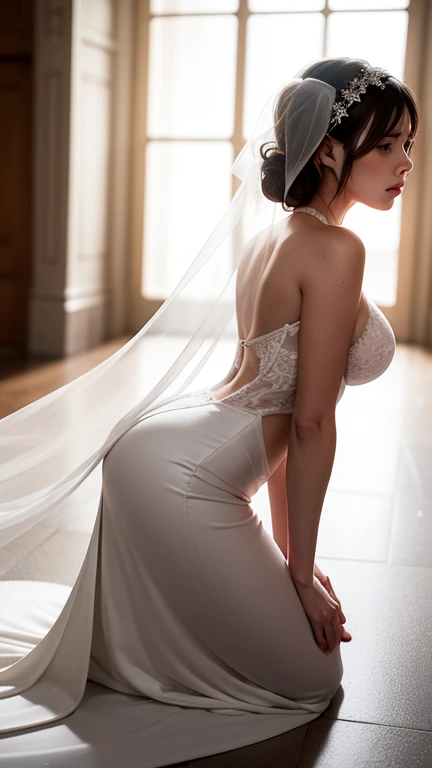  woman bending over on her knees and hands in a long nylon dress, rear view angle 