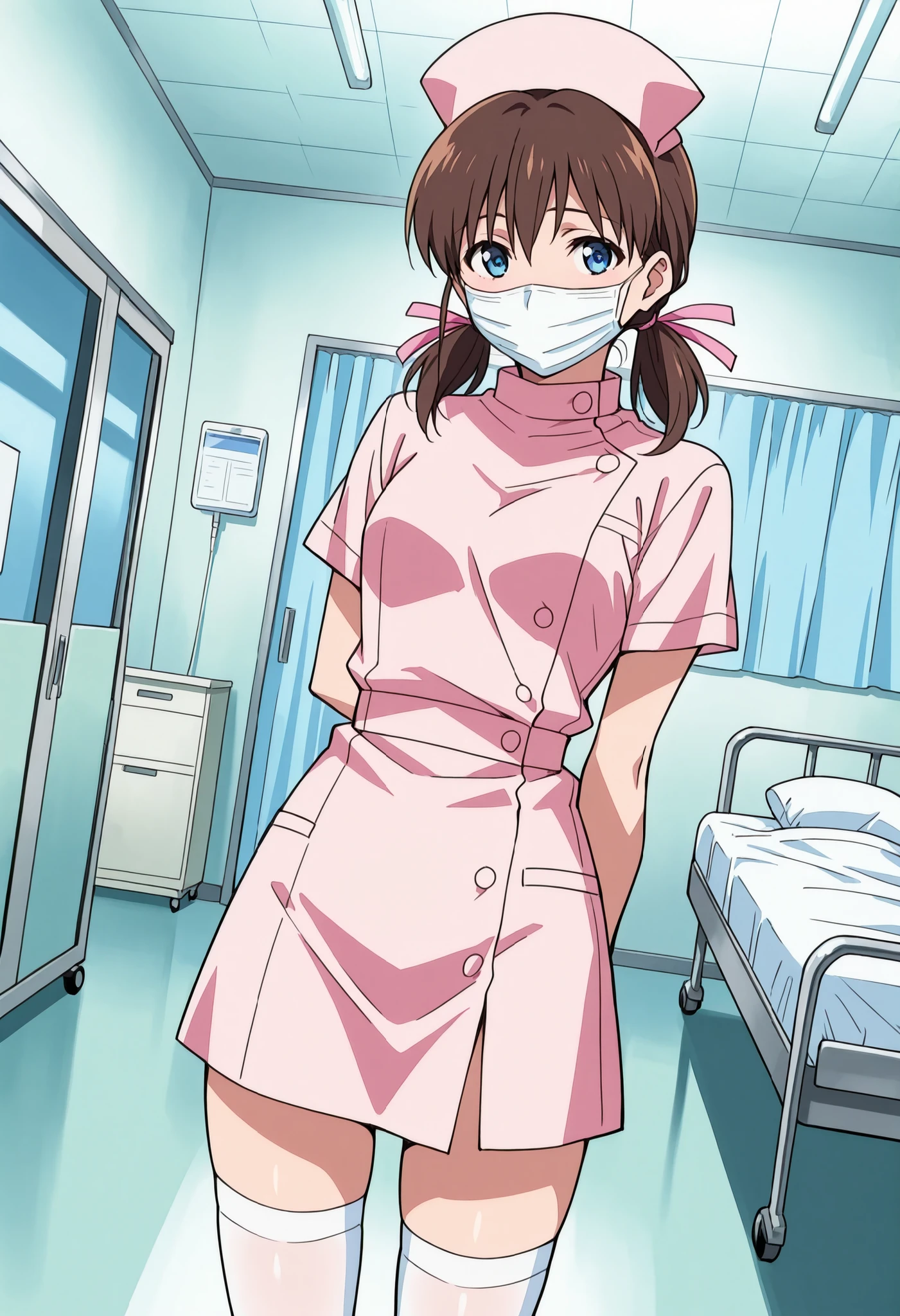 Score_9, score_8_up, score_7_up, source_anime, Kodama Hikaru, solo, brown hair, hair ribbon, ribbon, blue eyes, pink ribbon, low twintails, short twintails, (best quality), (high quality), {masterpiece}, extremely delicate and beautiful, ultra-detailed, beautiful detailed eyes, nurse, nurse cap, hat, short sleeves, pink headwear, buttons, pink dress, white thighhighs, hospital room, ((white mask, mouth mask, covered nose)), standing