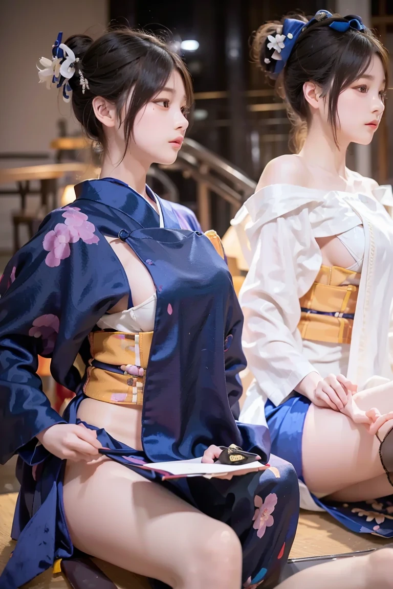 The upper part of the body、女の子1人、A dark-haired、Bun hair、mansion、Purple Eye、Gorgeous kimono、off shoulders、Very large breasts、Chest、Holding a parasol、Japan anime-style odd eye spell, rain falling