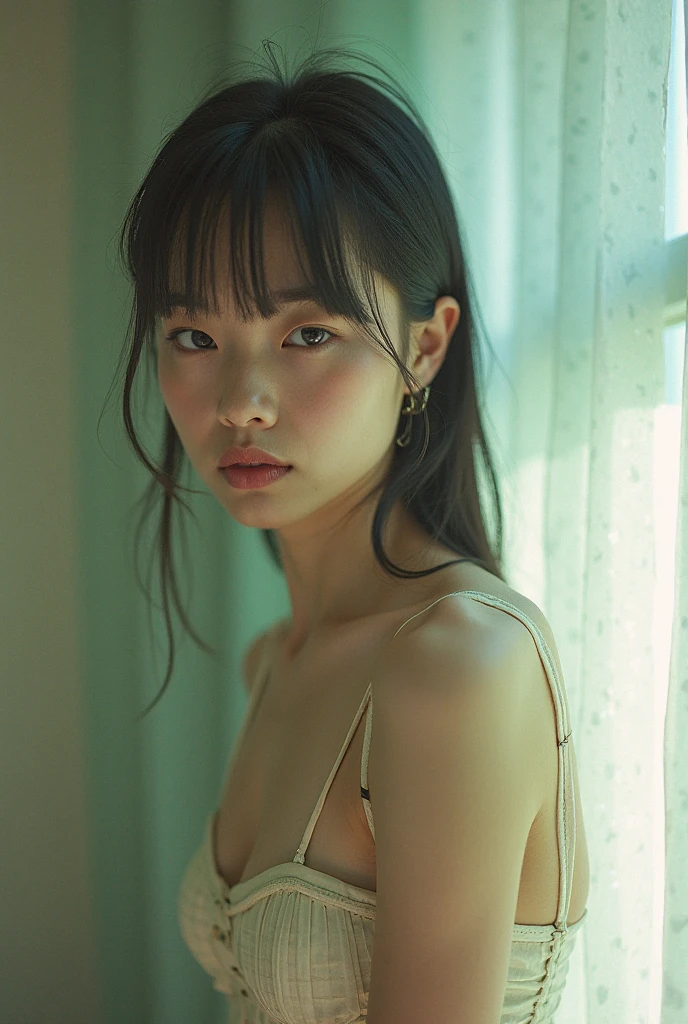 Portrait MagMix Girl look at camera, long hair, naked, big breast, a black wall,  natural light, sunlight casting soft shadows, analog film photo, Kodachrome, (nsfw:1.4)
