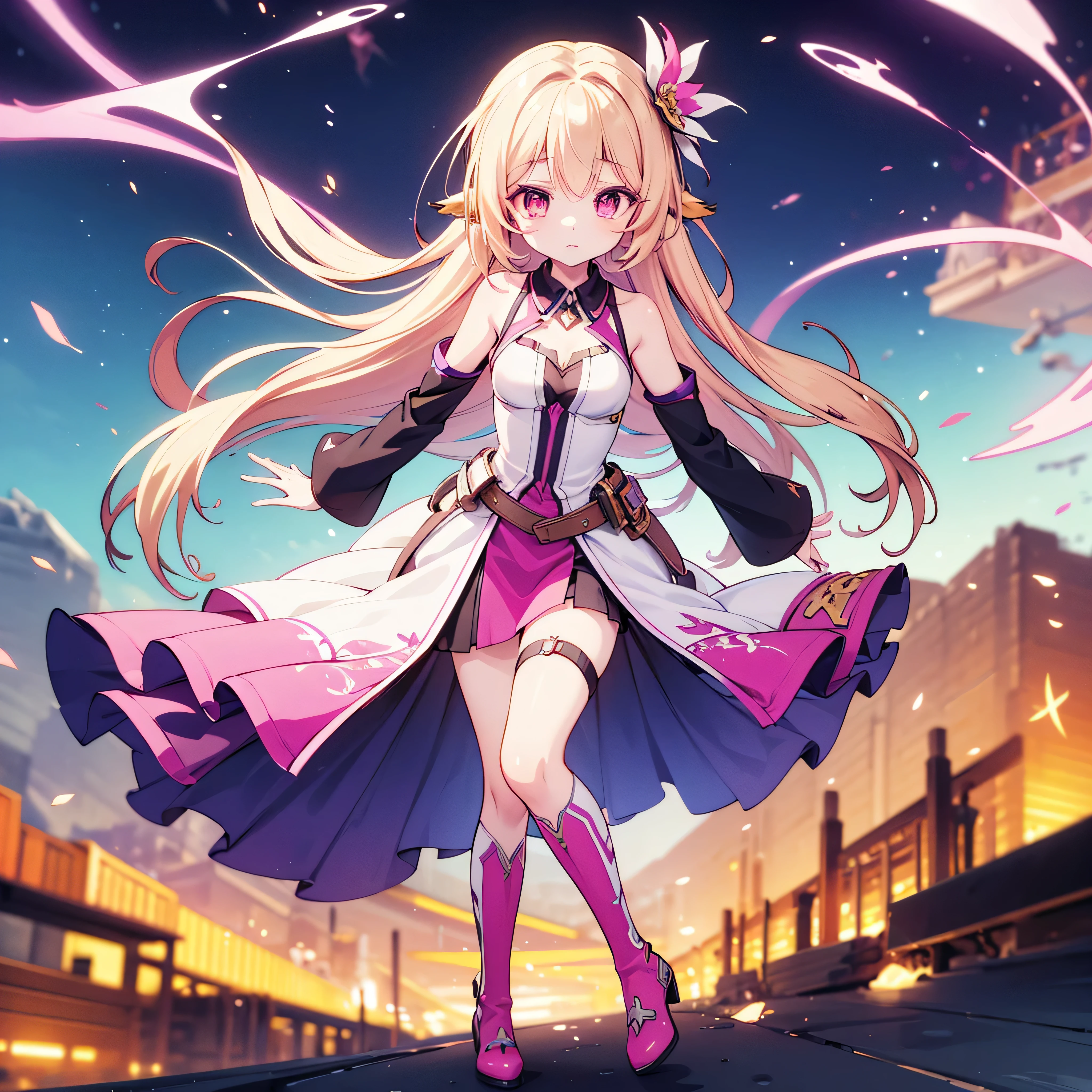 original female Flügel character from the No Game No Life universe, NOT Jibril, full-body, long flowing pastel gradient hair (from pale pink to blonde), golden glowing eyes with vertical slit pupils, calm and confident expression, wearing a high-tech magical outfit with glowing runes, thigh-high boots, floating arcane accessories, and Flügel-style detached sleeves, geometric light wings floating behind her, open spellbook in one hand, floating mid-air inside a radiant sky library, cinematic lighting, sharp clean anime style, fantasy sci-fi hybrid design, highly detailed, 8k