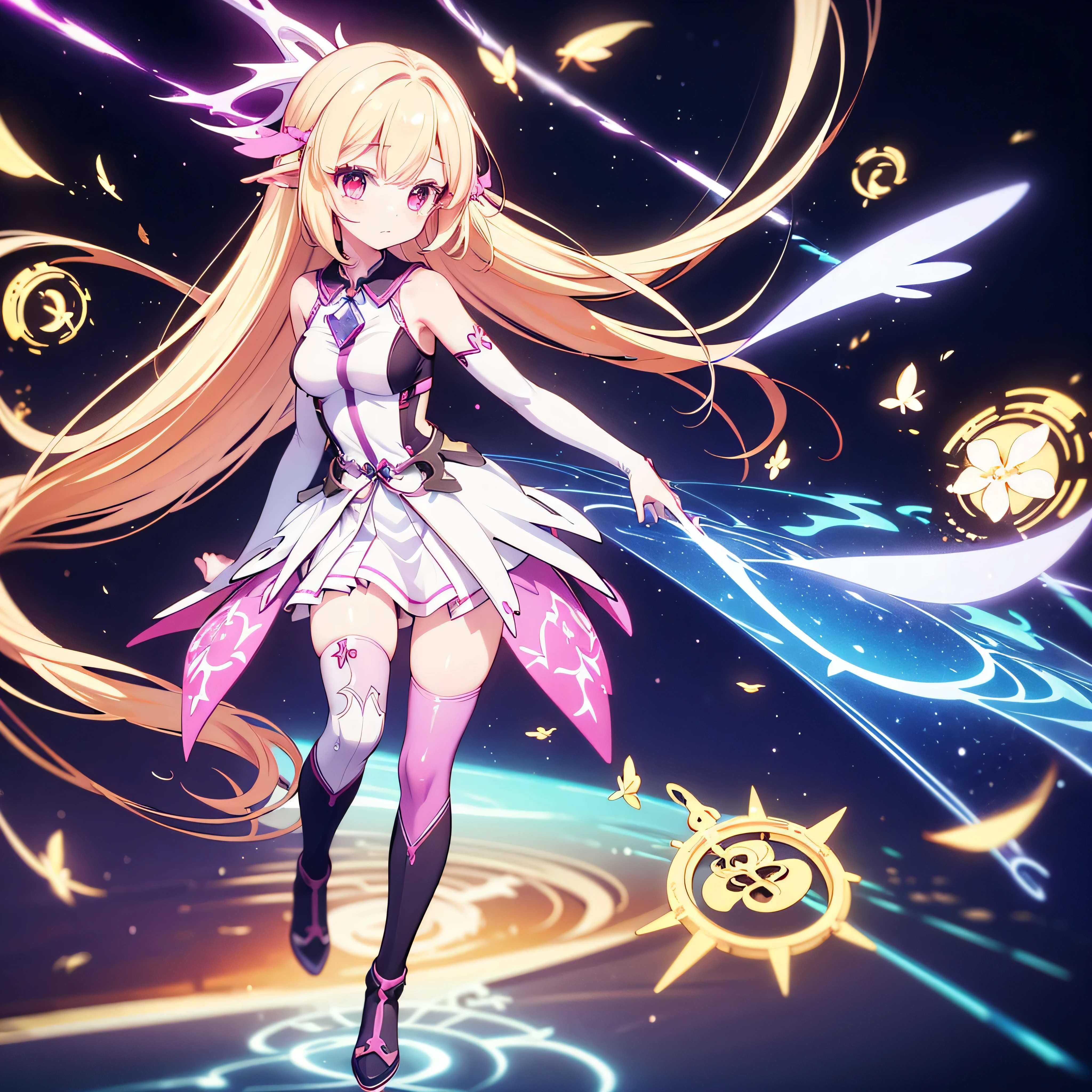 original female Flügel character from the No Game No Life universe, NOT Jibril, full-body, long flowing pastel gradient hair (from pale pink to blonde), golden glowing eyes with vertical slit pupils, calm and confident expression, wearing a high-tech magical outfit with glowing runes, thigh-high boots, floating arcane accessories, and Flügel-style detached sleeves, geometric light wings floating behind her, open spellbook in one hand, floating mid-air inside a radiant sky library, cinematic lighting, sharp clean anime style, fantasy sci-fi hybrid design, highly detailed, 8k