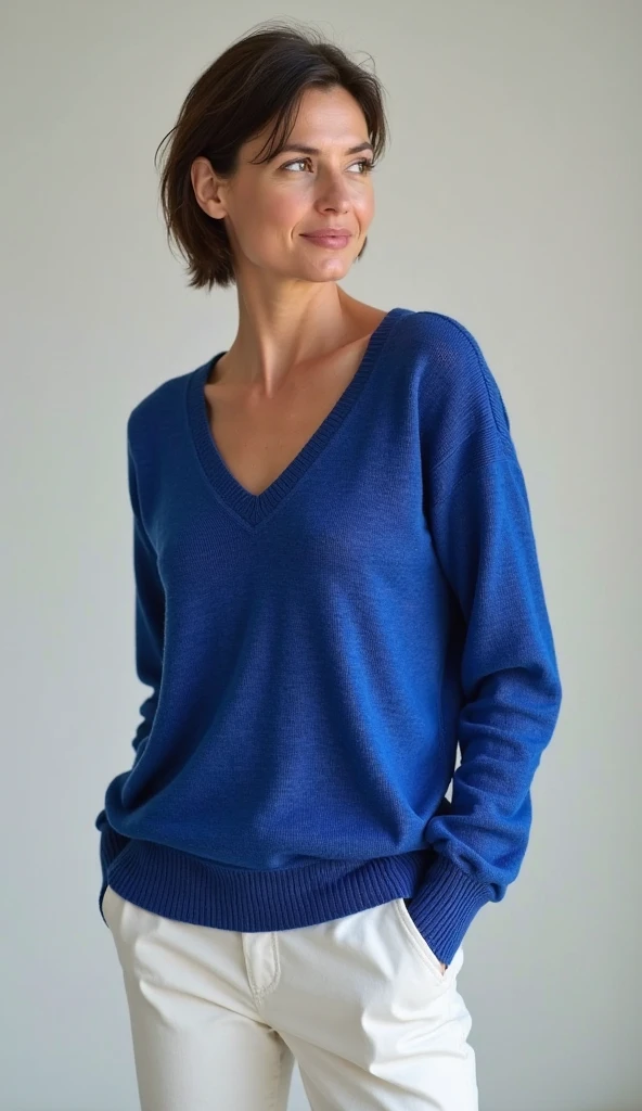 Woman, big breasts, redhead, blue eyes, transparent sweater, small chin