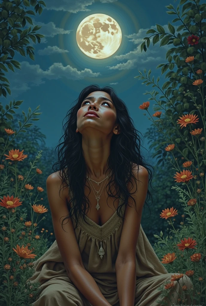 View from below of a full body woman in totally naked brunette perspective looking down at planet Earth in small, like a superior goddess. Her hair is made up of thick moss that partially covers her breasts and vagina.
Your setting is the ethereal cosmos full of magic and myth. It is Mother Earth of prehistoric man.