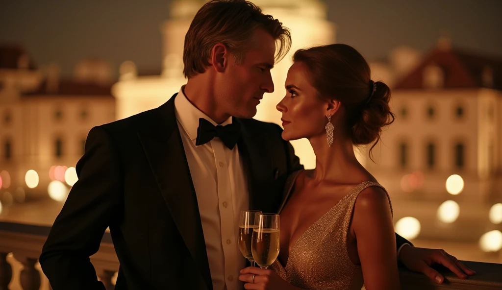 ((best quality)), ((masterpiece)), (detailed), couple, drinking in Grinzing, Austria , 1woman, very long blonde hair, cocktail dress, 1man, tall, muscular, handsome, dark short hair, wearing suit, summer time