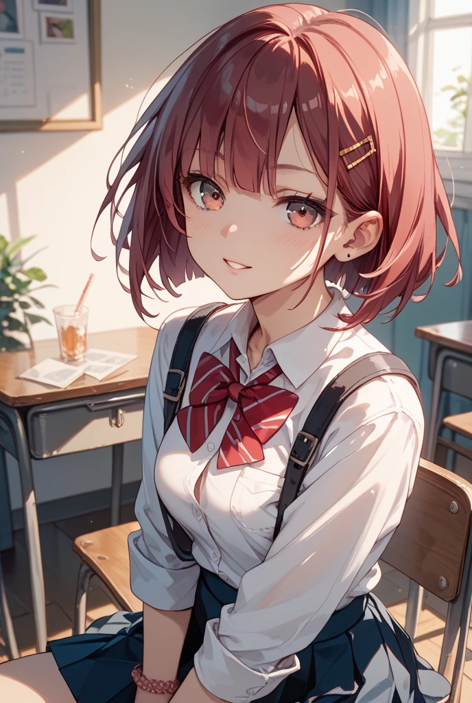 Masterpiece to the smallest detail、top-quality、1girl in、Solo looks 12 years old、150cm petite beautiful girl、small tits、12-year-old baby face、red hairs、Gradient bob in the forward、Pink and violet mesh、red eyes、Red eyes、Tall, big eyes、Outstanding looks、A lovely child、proximity、closed_mouth、a smile、red blush、full of shyness、blue headwear、Hats、pink bowtie、校服、 Blue jacket、jaket、skirt by the、Gray skirt shirt、white shirt、an legs、Black socks、sitting on、Classroom、hair_ornament、looking_at_viewer、beatiful detailed eyes、Akame、panties on、lift up one's skirt、Professional effects、