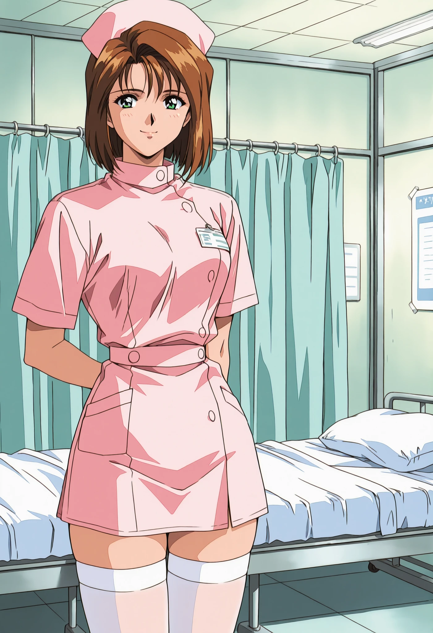 Score_9, score_8_up, score_7_up, source_anime, Shinjyo Remi, brown hair, short hair, green eyes, retro artstyle, 1990s (style), (best quality), (high quality), {masterpiece}, extremely delicate and beautiful, ultra-detailed, beautiful detailed eyes, nurse, nurse cap, hat, pink headwear, white thighhighs, hospital room, smile, closed mouth, standing
