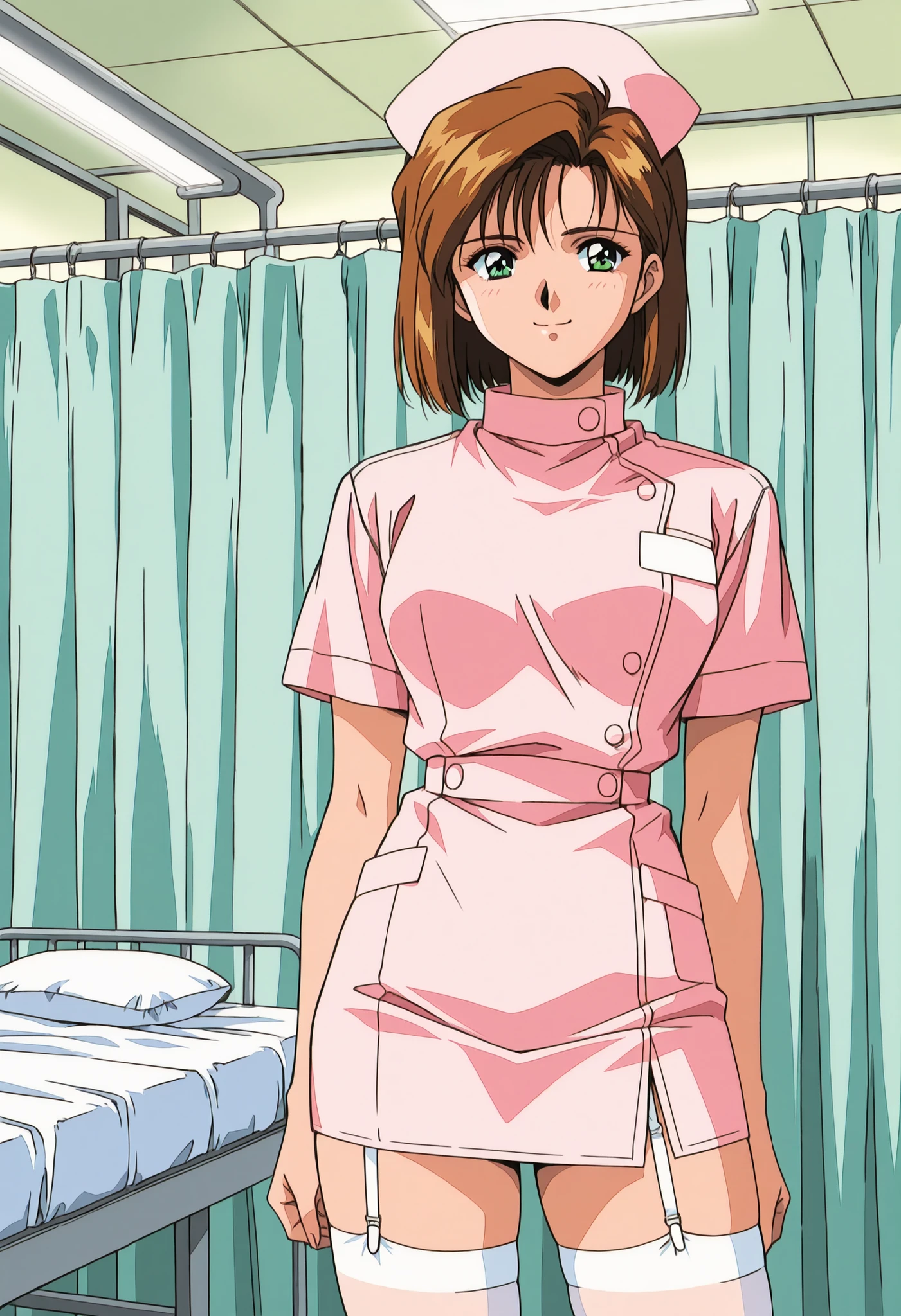 Score_9, score_8_up, score_7_up, source_anime, Shinjyo Remi, brown hair, short hair, green eyes, retro artstyle, 1990s (style), (best quality), (high quality), {masterpiece}, extremely delicate and beautiful, ultra-detailed, beautiful detailed eyes, nurse, nurse cap, hat, pink headwear, white thighhighs, hospital room, smile, closed mouth, standing