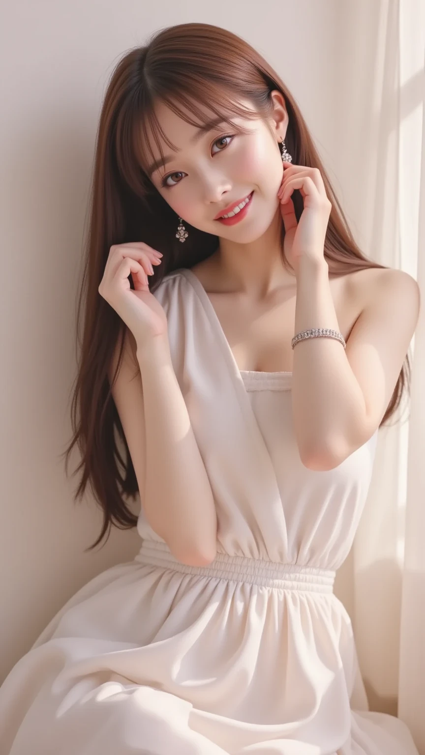 ((Girl sitting indoors)),Bright expression、Younger, brighter, whiter skin、Best Look Rondo Reflective Light、Platinum blonde hair with dazzling highlights、Shiny bright hair,、Super long, silky straight hair、Shiny beautiful bangs、Shining transparent attractive big blue eye、A very beautiful, lovely and cute 16 year old girl,Beautiful and detailed eye, Beautifully detailed nose,(( whole body:1.5)),Makeup that accentuates the eyes、Royal Style,Comic book style, , Scattered beneath the surface, Glamorous decoration, Nature background, ((cinematic)), Dramatic lighting, Tabletop、((Floral dress isolated on off-shoulder white background:1.4))、(Loose and fluffy perm:1.4)、One Girl、((Bob Hair:1.3))、Ultra-realistic 8K CG, Perfection face, perfection, clean, Tabletop, Professional artwork, Famous works of art, Perfection face, Beautiful Face, Beautiful eye, ((perfection female body)), alone,(Immersive atmosphere, clair obscur:1.5,Bright light:1.2,Bright lighting),(blush:0.5),A captivated look,Very detailed_eye,Thick thighs,big,Beautifully detailed backgrounds,Depth of written boundary,Realistic:1.3, Long Shot,Sitting, whole body, (Ambient Light:1.3),(cinematic composition:1.3),(Neon Light:0.1),(Hmph:0.1),Accent lighting, pantyhose,(smile)((White panties are visible))