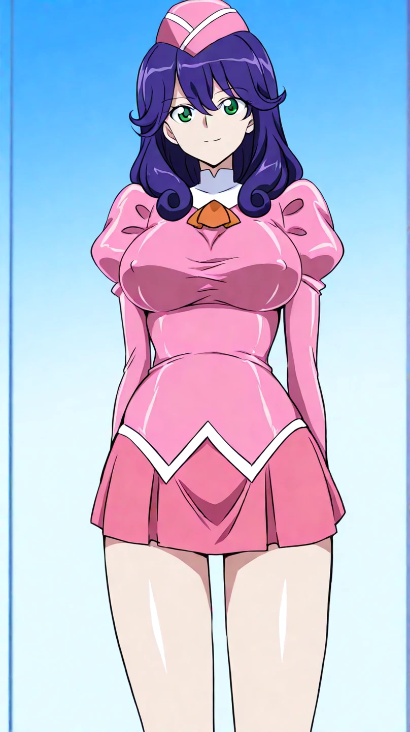 ultra-detailed, Explicit, Beautiful body, Beautiful Nose, Beautiful character design, perfect eyes, perfect face, ultra highres, 4K, beautiful legs, perfect legs, Nice hands, Perfect hand, Masterpiece, Best Quality, Highly detailed, illustration, absurdres, perfect anatomy, street fighter, doll suit, shadaloo doll, dollsuit, expressionless, blank eyes, looking at viewer, red gloves, emotionless, black latex, corrution, mind control, female combatant, full body, hypnotized, unhappy trance, full body suit, ribbed bodysuit, both arms at side, obey, perfect female body, extremely glossy latex, hypnosis, hypnoLora, empty eyes, Mind control device, poses, submissive_pose, Slave, stand up straight, standing, standing at attention, hat, necktie, belt, latex, ribbed bodysuit, thighhighs, garter belt, Fighting Stance, extending the right arm from the shoulder into the air with a straightened hand, military, thigh boots, 1girl, hair ornaments, blue hair, long hair, maroon eyes, Nanase Yui, glasses, go princess precure, braided twin-tails