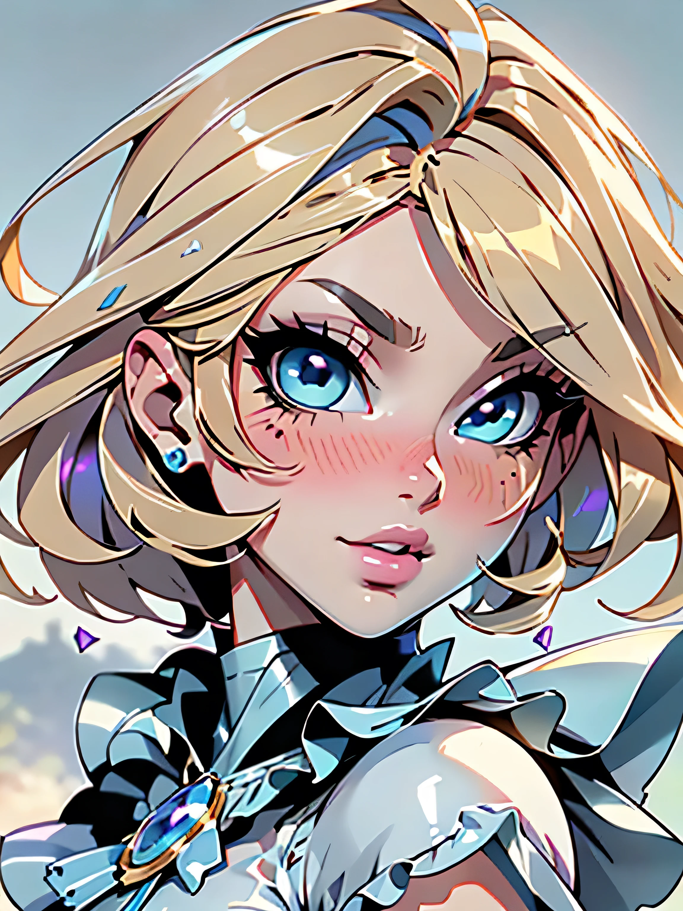 SFW, Highest image quality, outstanding details, ultra-high resolution, sharp focus, (photorealistic artwork:1.37), (extremely detailed CG unity 8k wallpaper), (masterpiece), (best quality), (realism: 1.4), very pretty 23-year-old girl, perfect face, soft face, very cute, BREAK, ((( light blonde hair:1.35, medium hair:1.4, colored inner hair))), parted in center, (((Fantasy Eyes, two-tone eyes, blue eyes, light blue eyes))), intricate eyes, beautiful detailed eyes)), double eyelids, eyelashes, open mouth smile, pink lips, (((lustrous skin:1.5, bright skin: 1.5, skin light tanned, shiny skin, very shiny skin))), (athletic body, detailed body, (detailed face)), cute, seductive, coy, BREAK, ((light blue blouse, frilly blouse, short sleeves)), ((white denim shorts)), (dynamic pose:1.2, (centered, Scale to fit dimensions, Rule of thirds)