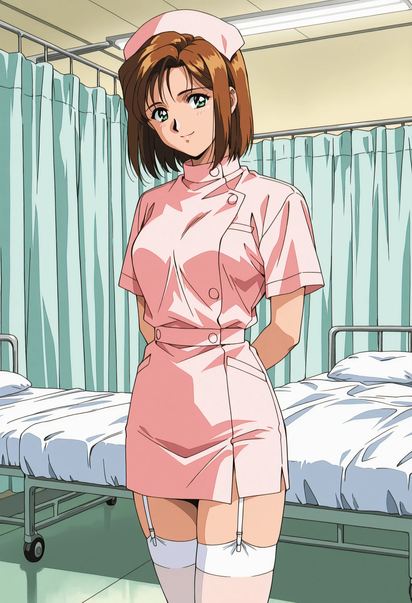 Score_9, score_8_up, score_7_up, source_anime, Shinjyo Remi, brown hair, short hair, green eyes, retro artstyle, 1990s (style), (best quality), (high quality), {masterpiece}, extremely delicate and beautiful, ultra-detailed, beautiful detailed eyes, nurse, nurse cap, hat, pink headwear, white thighhighs, hospital room, smile, closed mouth, standing