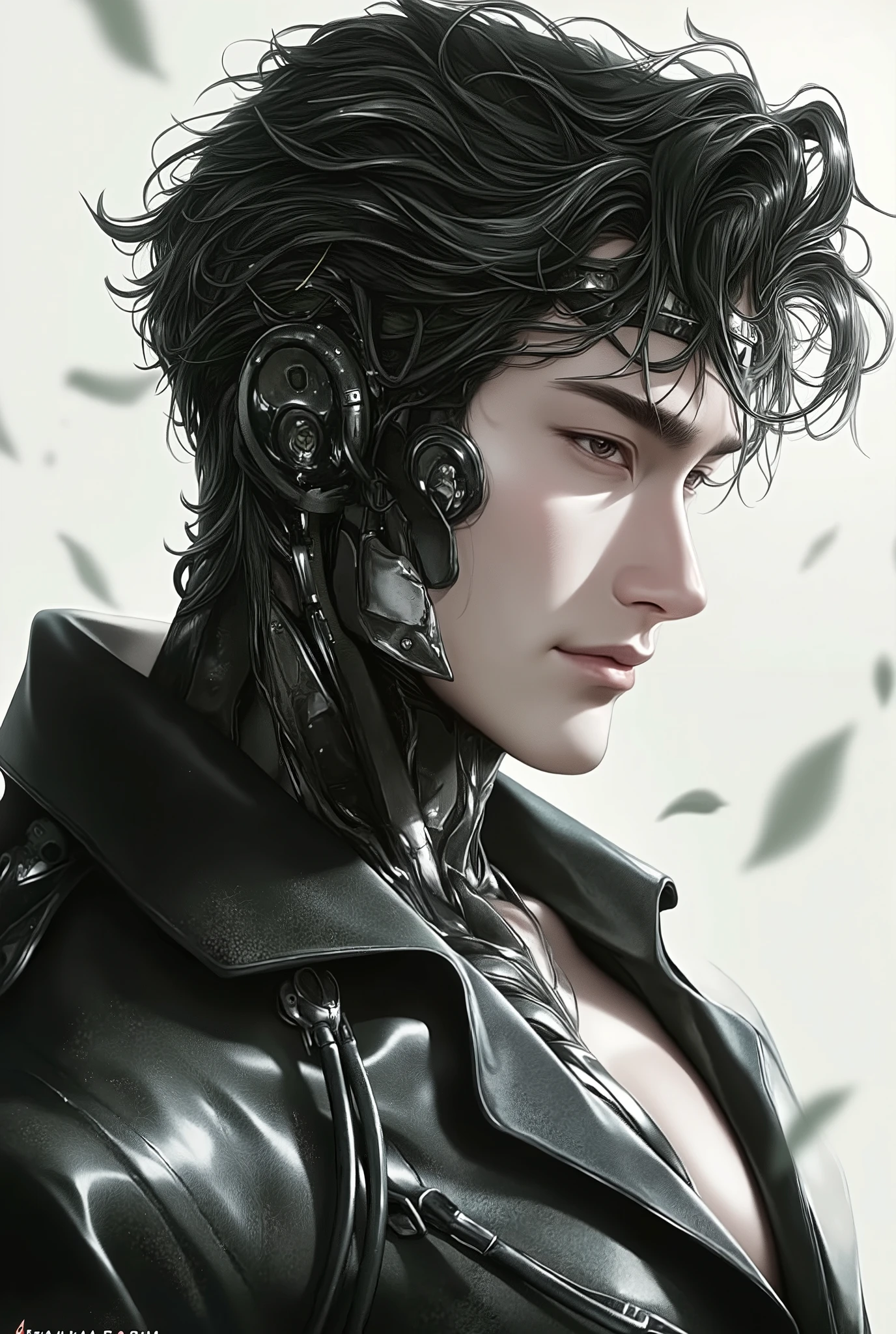 Full plane from head to toe , plano general:1.4, ( Handsome young Cyborg ) bold, threatening look . is half in profile the image can be seen from head to toe, there is wind, leaves flies and some dust , He wears gothic clothes . , with mechanical parts of the body , terminal cables circuits , she looks at the horizon , U High Definition, Retina, masterpiece, Precise, Anatomically correct, Old school , super detail , High Details , HIGH QUALITY, winning the , best quality , highres, 1080P, High Definition, 16K