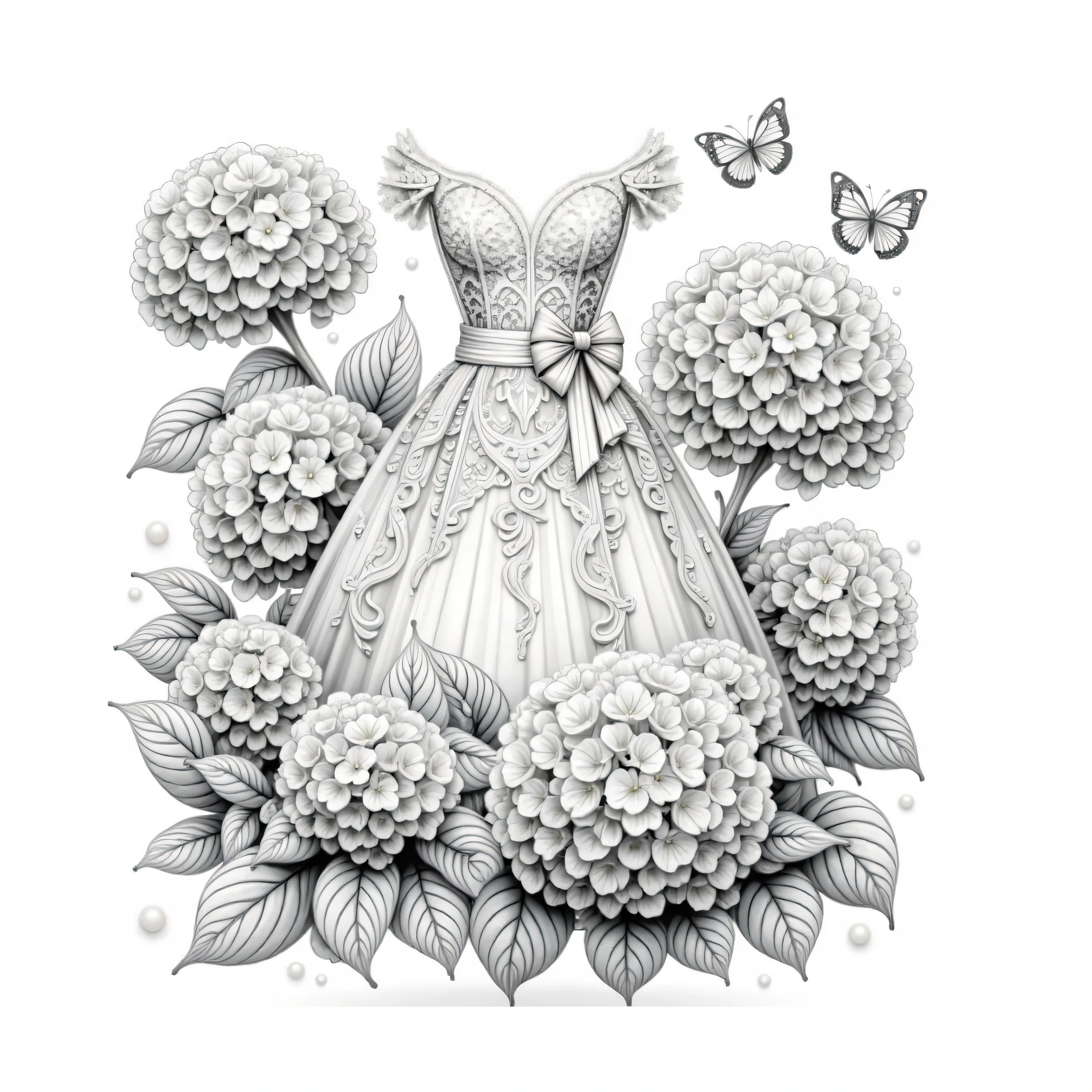 Beautiful line art illustration. Depicts an elegant long dress surrounded by delicate hydrangeas. White background. Black and white illustration. Adult coloring page.