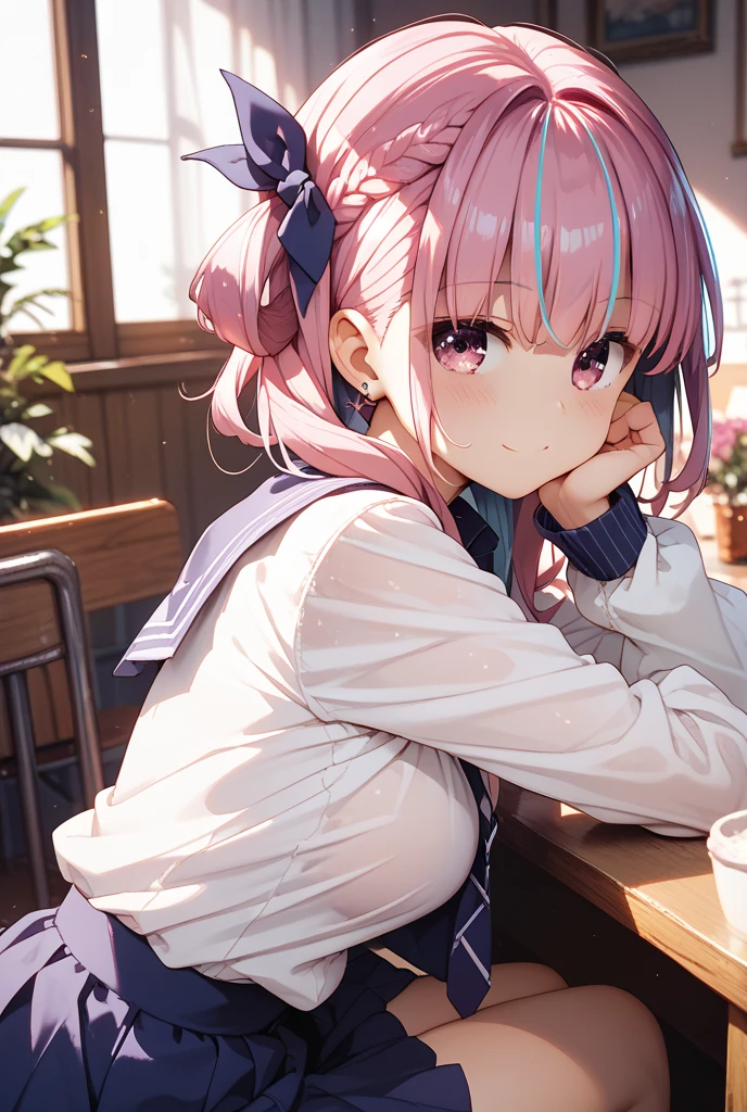 (masterpiece:1.2), best quality, high resolution, unity 8k wallpaper, (illustration:0.8), (beautiful detailed face:1.2, beautiful detailed eyes:1.2), perfect lighting, extremely detailed CG, (perfect hands, perfect anatomy),
Cute, beautiful, charming lady, shiny hair, lustrous skin, beautiful light big eyes,
milf, married woman, soft With a gentle appearance and a gentle mother-like atmosphere,
nana_a, long hair, twintails, purple eyes, small breasts, ribbon tie, yellow , white shirt, sweater vest, short sleeves, pleated skirt,