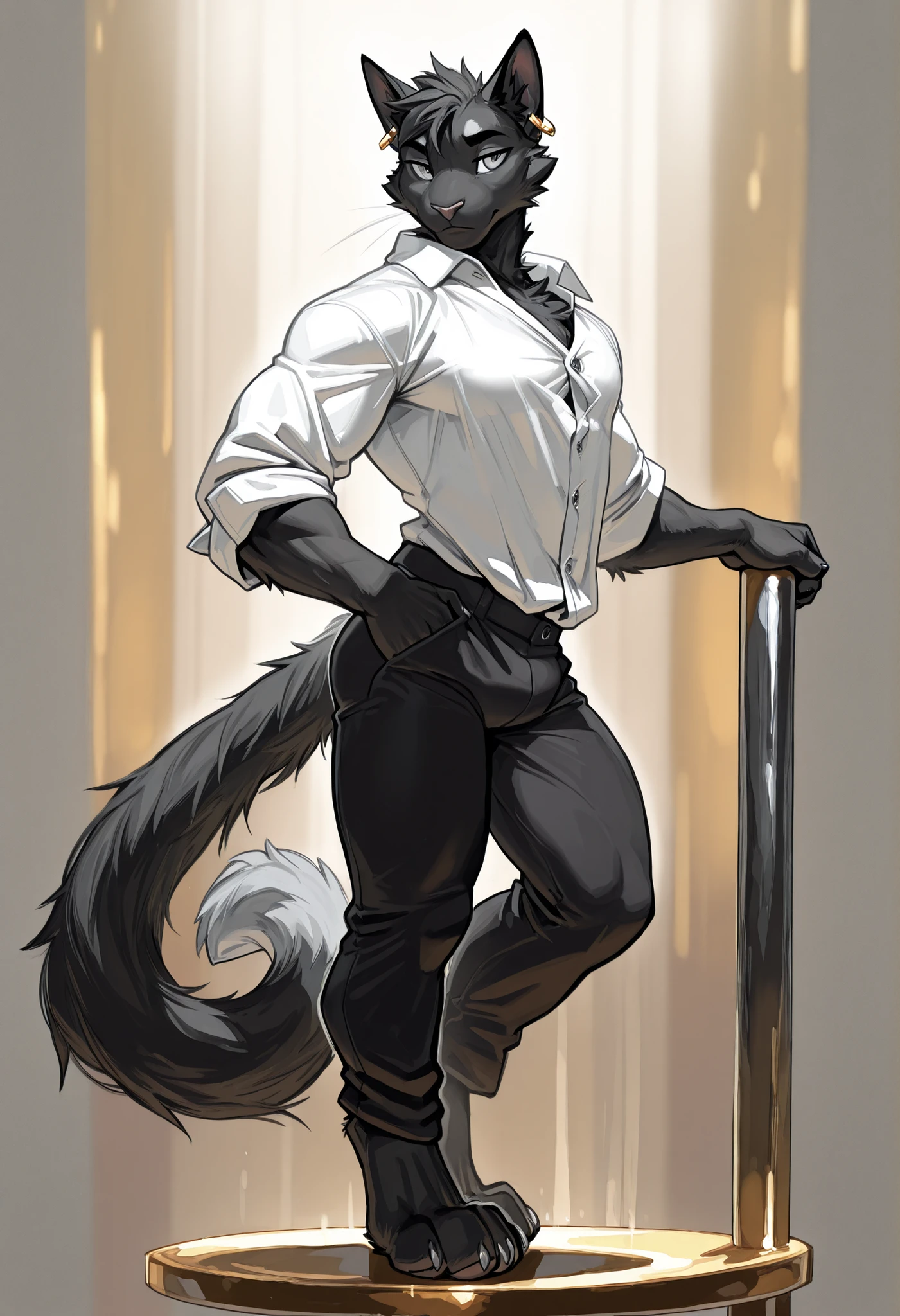 masterpiece, best quality, anthro cat with all black fur, male, solo male, tall, (smooth body), smooth body, grey eyes, gold earrings, lean modest muscular figure, (full body), wearing button up shirt and black pants, balancing on a pole