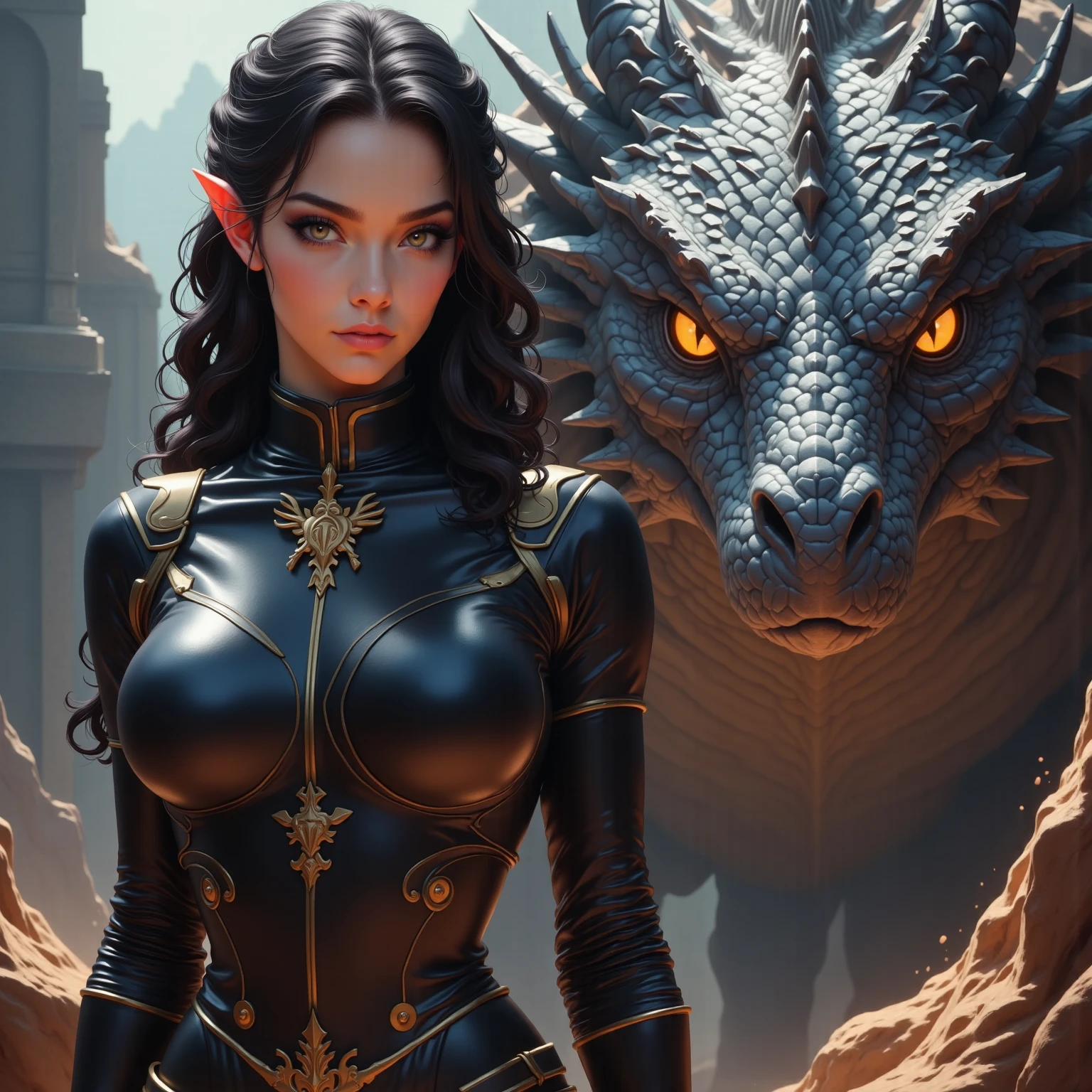 A girl with super curly brown hair, incredibly charming, bespectacled, accompanied by her large black dragon, centered on the scenery, night gothic theme. The illustration is in high definition in 4k resolution, with highly detailed facial features and realistic style visuals. --auto --s2