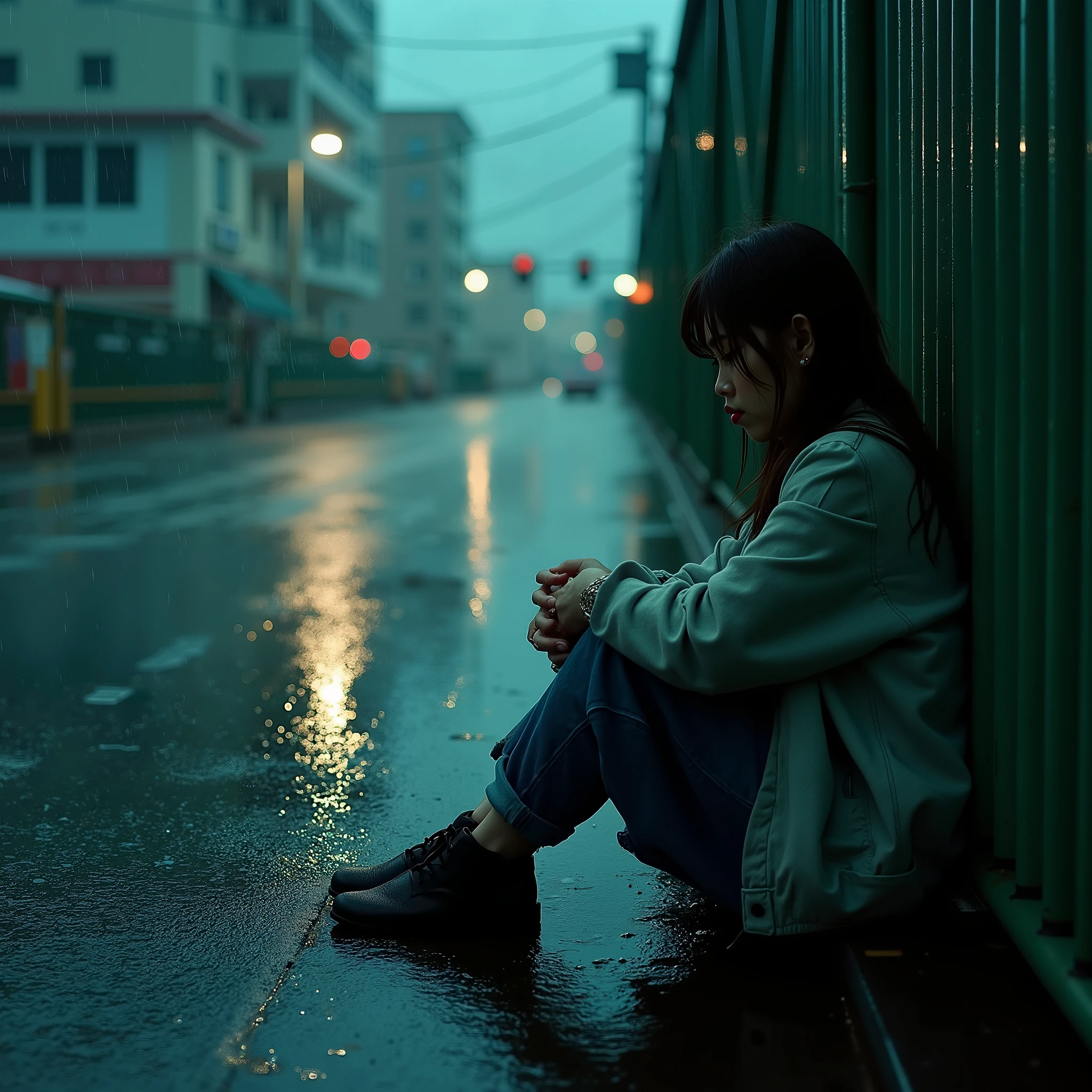 A young woman sits on a rain-slicked bridge at night, resting against a damp green metal wall. Her clothing — a black tank top, denim shorts, and beige cardigan — is slightly soaked, clinging naturally to her form. Raindrops glisten on the ground and her hair is damp, giving the scene raw emotion. Reflections from distant city lights ripple in the wet pavement, while a nearby streetlamp casts a cool, diffused glow. Her gaze is distant and contemplative, evoking themes of solitude and reflection. Cinematic tone with high contrast, light mist, and ambient rain sound vibes.