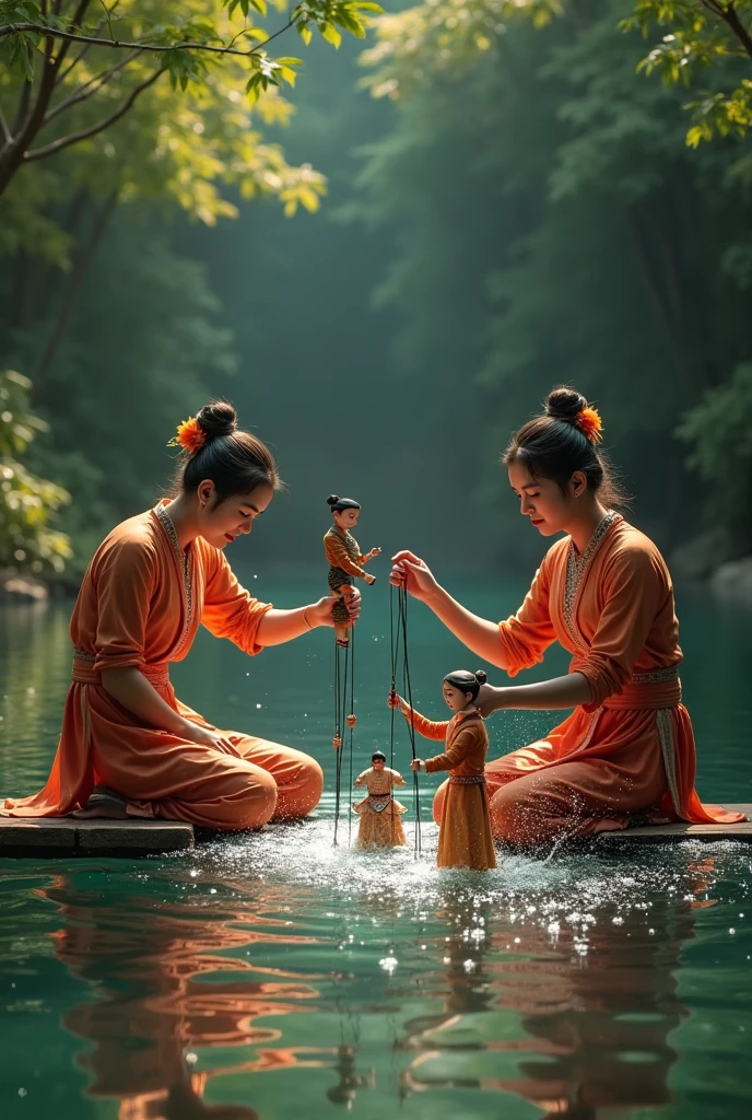 Pale white skinned North Indian slave woman with dark skinned daughter, and dark skinned south indian slave woman with pale white skinned son, gupta era, both have a similar build, both are sitting in lotus pose beside a lake, threaten eachother with knives while their children are in the distance kissing in the lake 