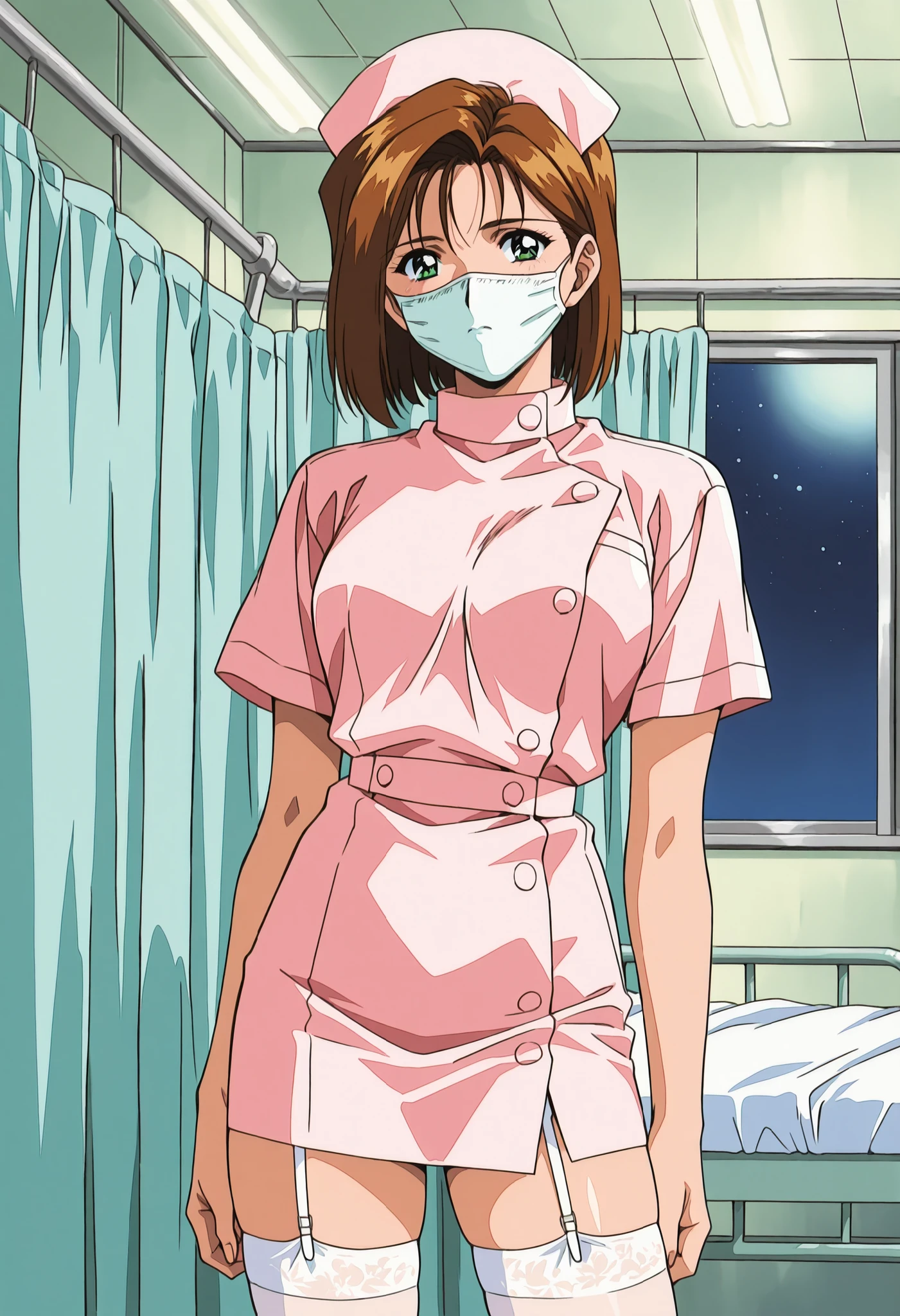 Score_9, score_8_up, score_7_up, source_anime, Shinjyo Remi, brown hair, short hair, green eyes, retro artstyle, 1990s (style), (best quality), (high quality), {masterpiece}, extremely delicate and beautiful, ultra-detailed, beautiful detailed eyes, nurse, nurse cap, hat, pink headwear, white thighhighs, hospital room, ((white mask, mouth mask, covered nose)), standing