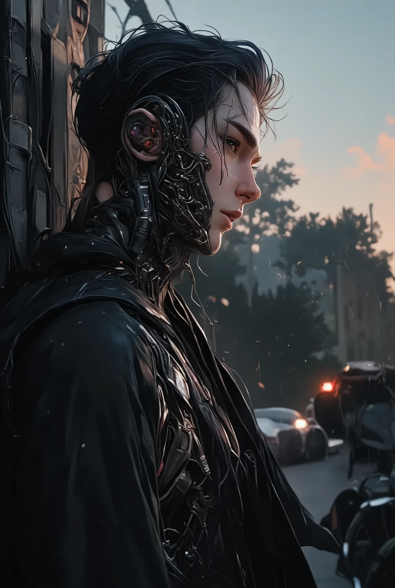 Full plane from head to toe , plano general:1.4, ( Handsome young Cyborg ) bold, threatening look . is half in profile the image can be seen from head to toe, there is wind, leaves flies and some dust , He wears gothic clothes . , with mechanical parts of the body , terminal cables circuits , she looks at the horizon , U High Definition, Retina, masterpiece, Precise, Anatomically correct, Old school , super detail , High Details , HIGH QUALITY, winning the , best quality , highres, 1080P, High Definition, 16K