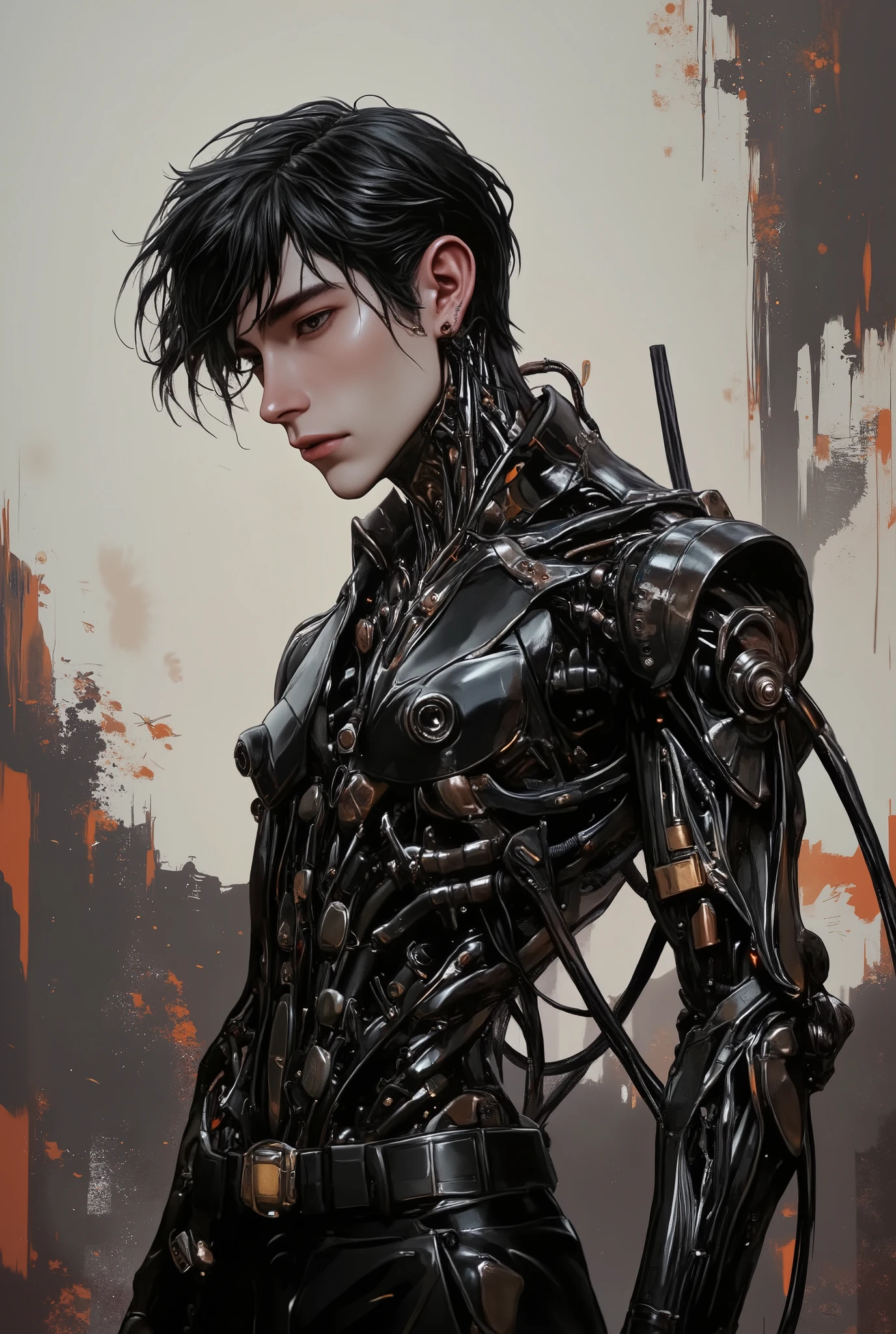 Full plane from head to toe , plano general:1.4, ( Handsome young Cyborg ) bold, threatening look . is half in profile the image can be seen from head to toe, there is wind, leaves flies and some dust , He wears gothic clothes . , with mechanical parts of the body , terminal cables circuits , she looks at the horizon , U High Definition, Retina, masterpiece, Precise, Anatomically correct, Old school , super detail , High Details , HIGH QUALITY, winning the , best quality , highres, 1080P, High Definition, 16K