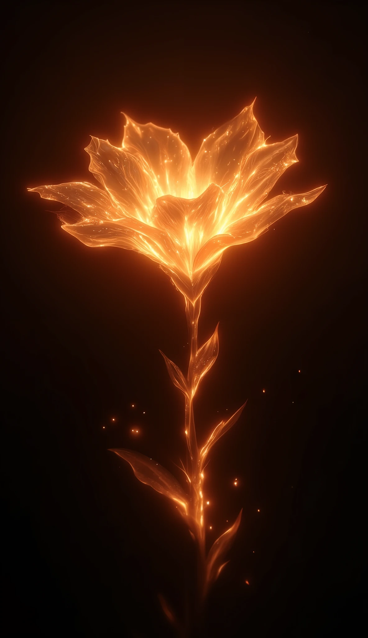A delicate flower blossoms from rising fire, its petals composed of translucent, flickering embers. The stem sways with molten grace, trailing glowing sparks and heatwaves that twist in the air. Against a dark background, the flower looks like a gentle flame that could burn or soothe.