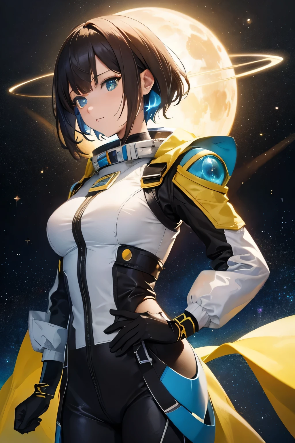 Space ship, captain future, comet, extremely fine and beautiful design, illustration, masterpiece,best quality, high resolution, 8k, sf,space fantasy, extremely beautiful and fain design, extremely fine and beautiful colors, An anime girl with shoulder-length green short hair and warm brown eyes, dressed in a sleek, black-and-yellow space pilot suit with metallic patches on her shoulders. background a planet with visible Universe Galaxy,space fantasy, comet,