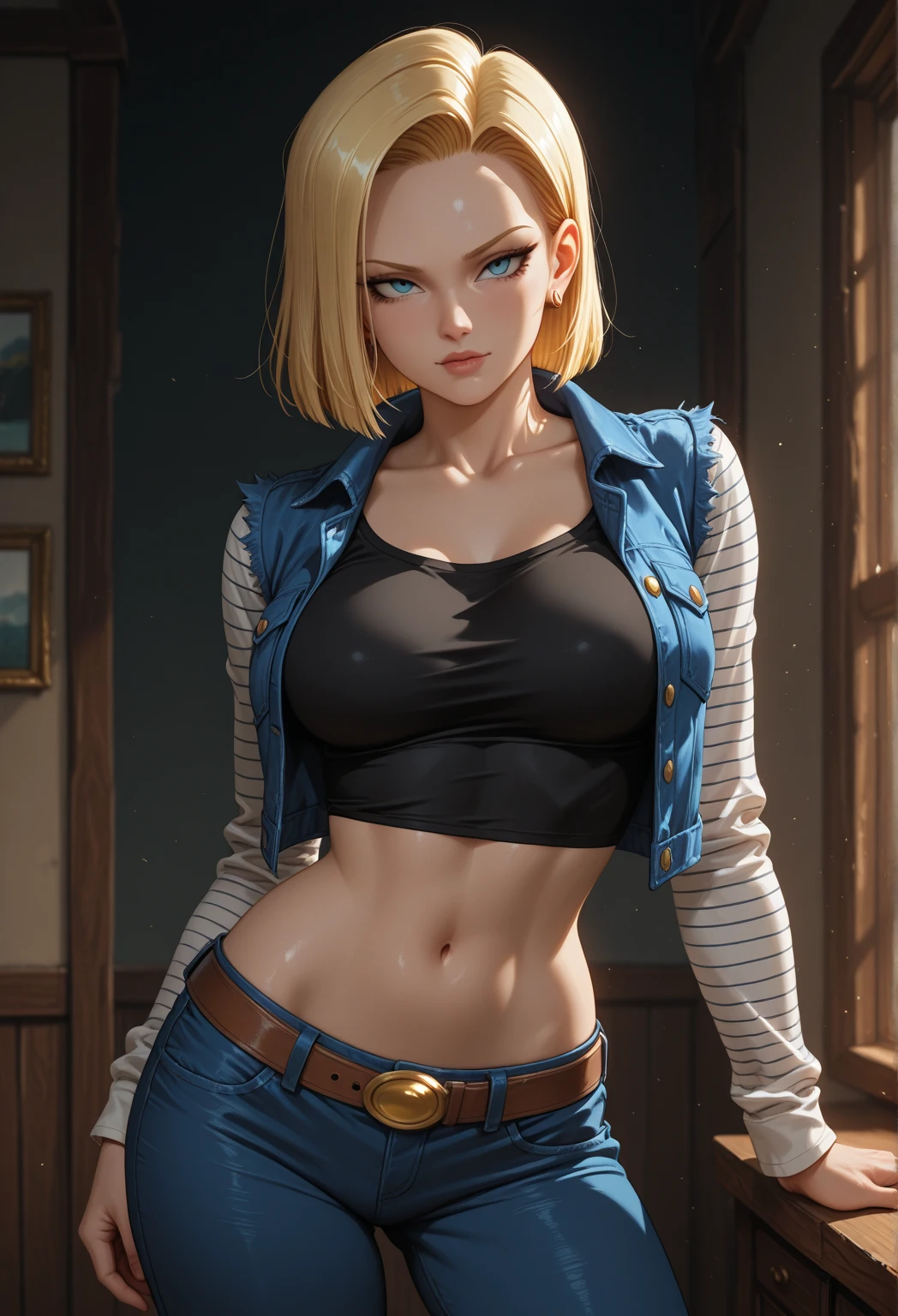 Hyper detailed image, UHD, 16k, professional photo, (Realistic photo of Android-18 from Dragon Ball Z) girl Goddess of beauty, very straight short blonde hair, serious face expression, (she wears a blue denim jacket and a cropped shirt , short white underground showing flesh of the breast), erotic, open denim jacket showing her large, beautiful and perfect breasts, long pointed breasts sticking out of the jacket, (she wears a belt and a blue denim skirt lifted showing micro panties stuck in her pussy), hair bubians showing, brown boots, perfect hands and fingers,
  android 18, sexy saiyan girl, Official Art, Android-18 Sexy female, official character art, sexy female protagonist, lean and fit curved body :8, Akiri Toriyama, Director: Akira Toriyama, Bulma from Dragon Ball, Best Character Design Anime, Akira Toriyama style, beautiful single character, half naked