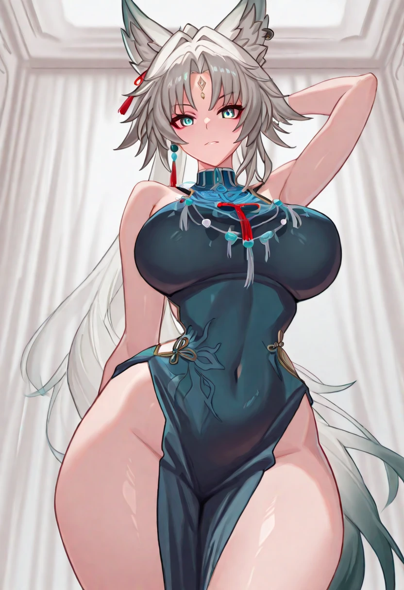 beautiful anatomy, ray tracing, very good quality, masterpiece, best quality, high resolution, Amira, long hair, bangs, big breasts, cowgirl shot, standing, outdoors, detailed face, detailed fingers, high quality